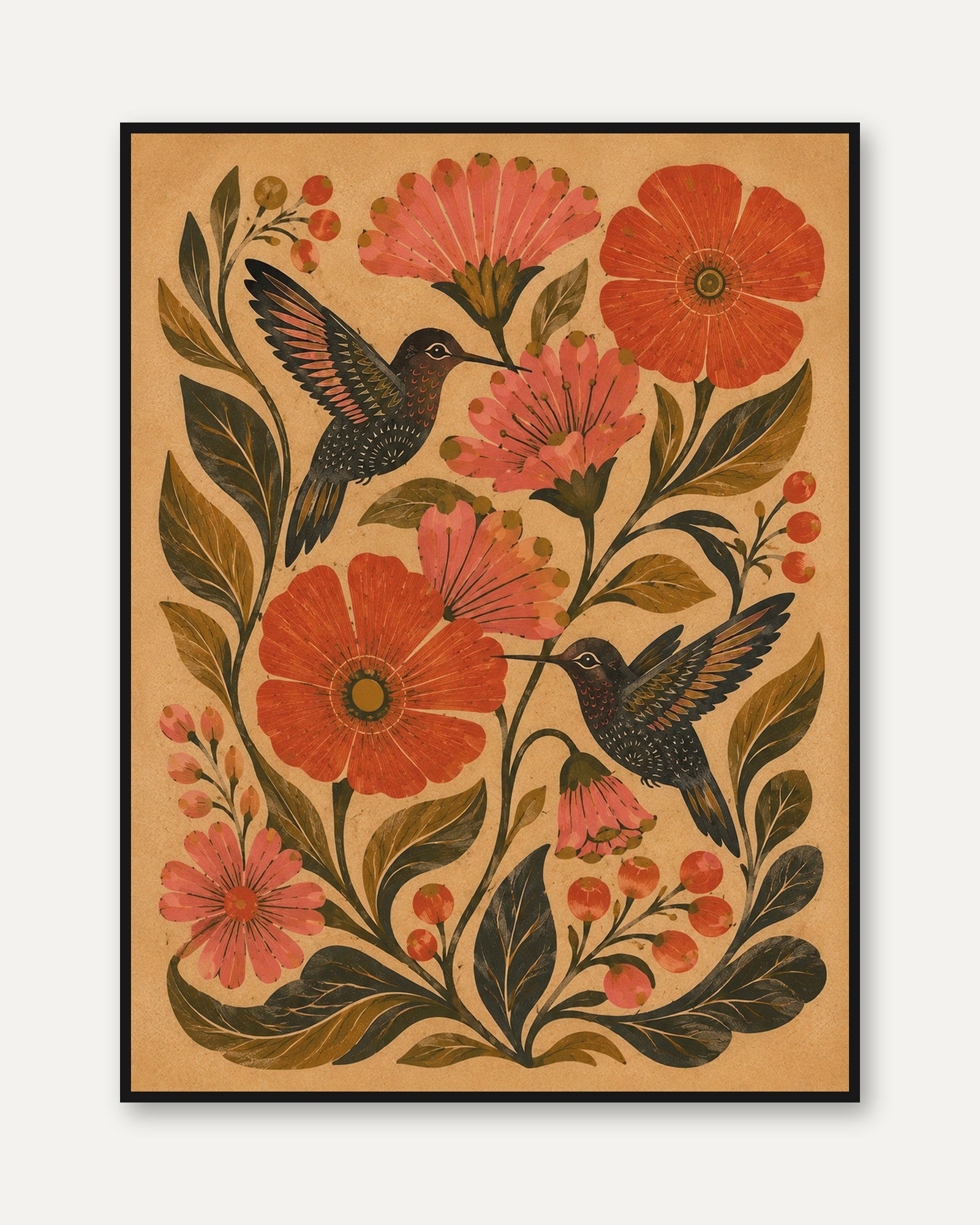Folk Art Hummingbird Print — Hand-Painted Floral Bird Illustration - framed