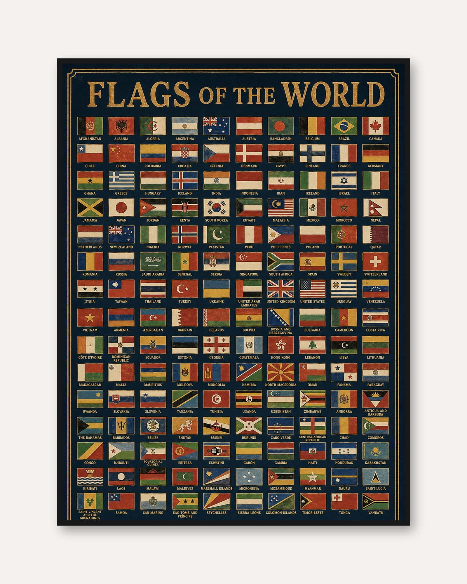 Flags of the World Chart: Vintage Educational Reference Poster - framed