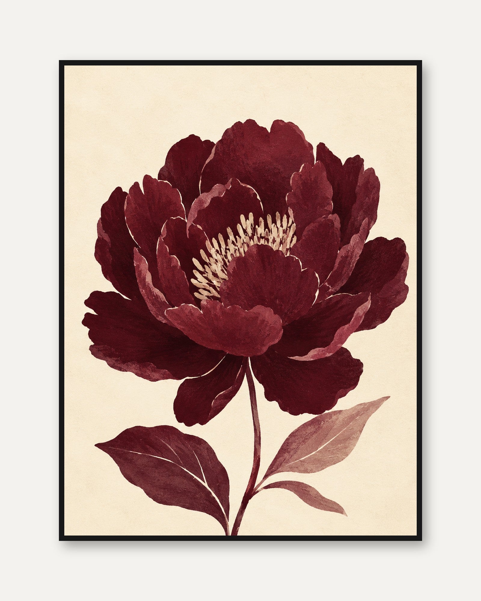 Burgundy Peony Wall Art – Vintage Botanical Print - framed