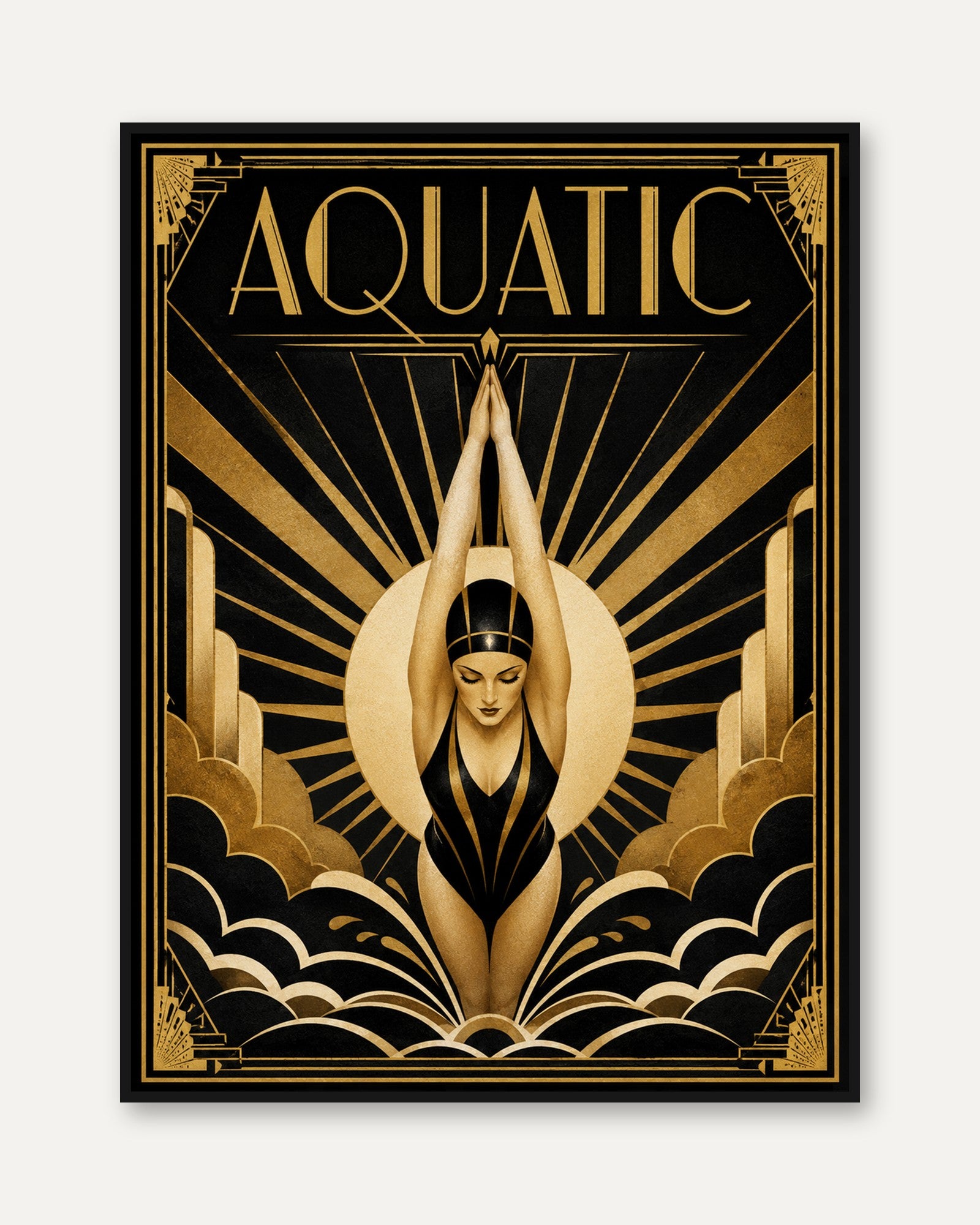 Aquatic Art Deco Swimmer Poster: Gold and Black Geometric Design - framed