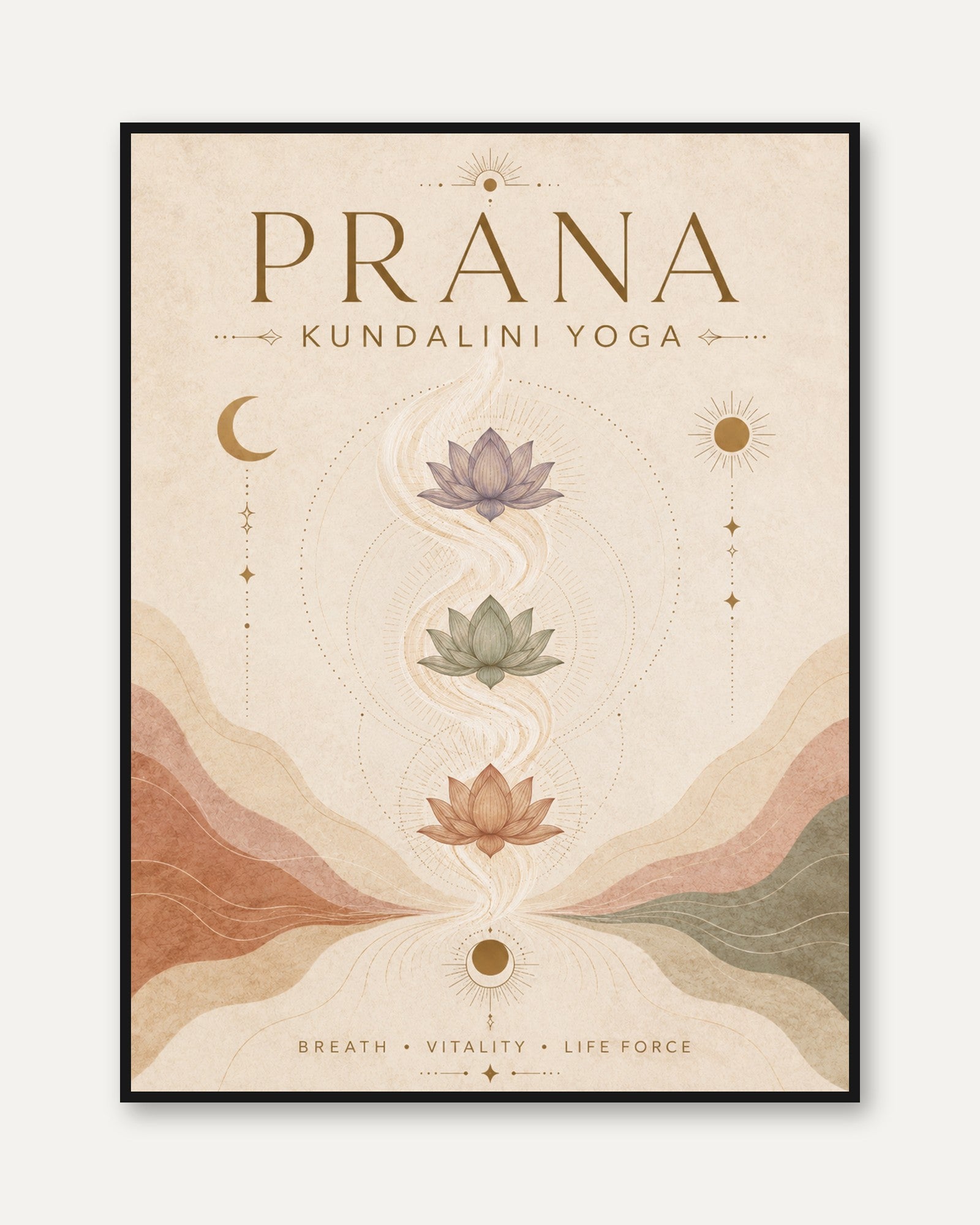 Lotus and Moon Print: Kundalini Yoga Art (Boho Meditation Room) - framed
