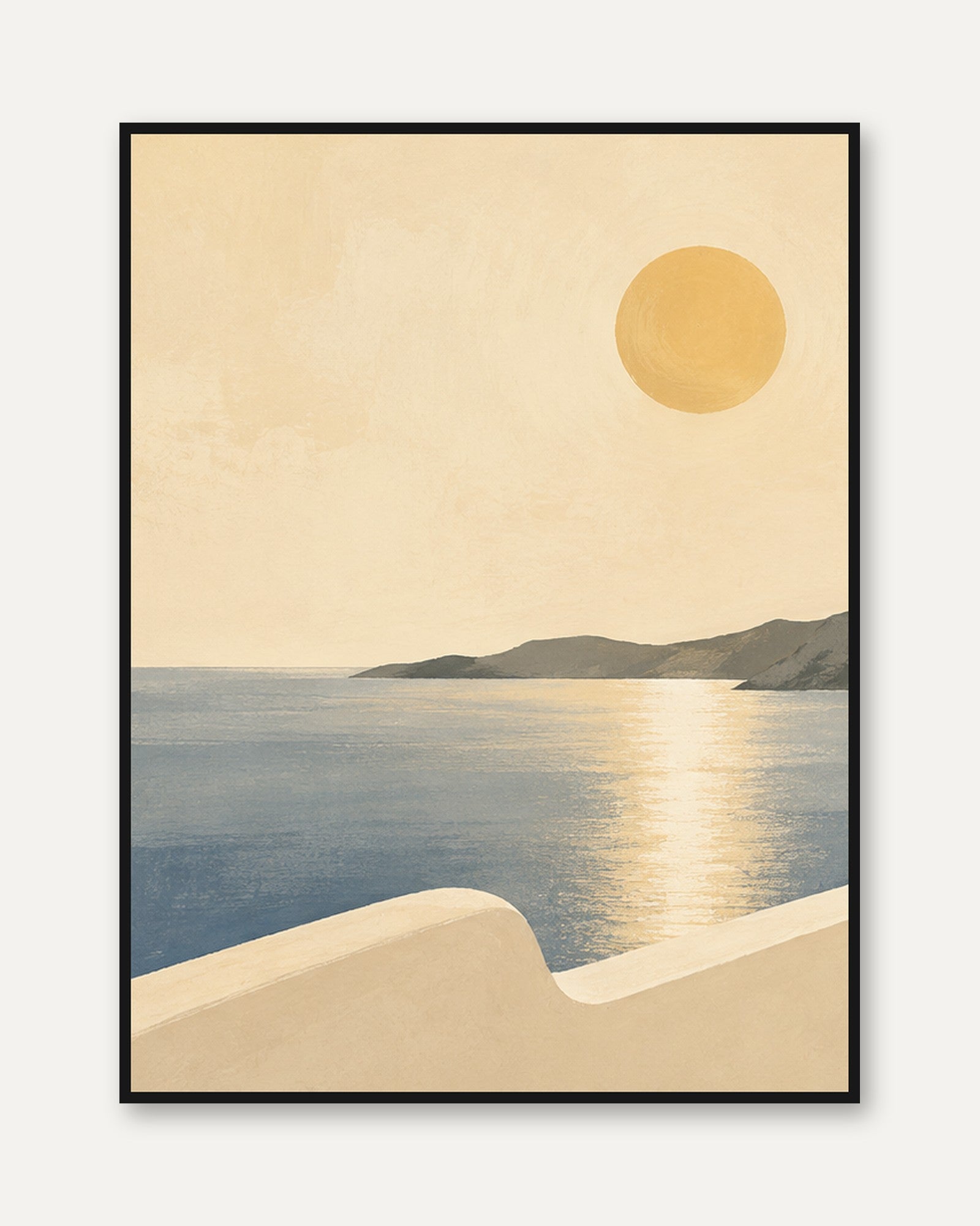 Mediterranean Coastal Sunset Print: Minimalist Beige and Blue - framed