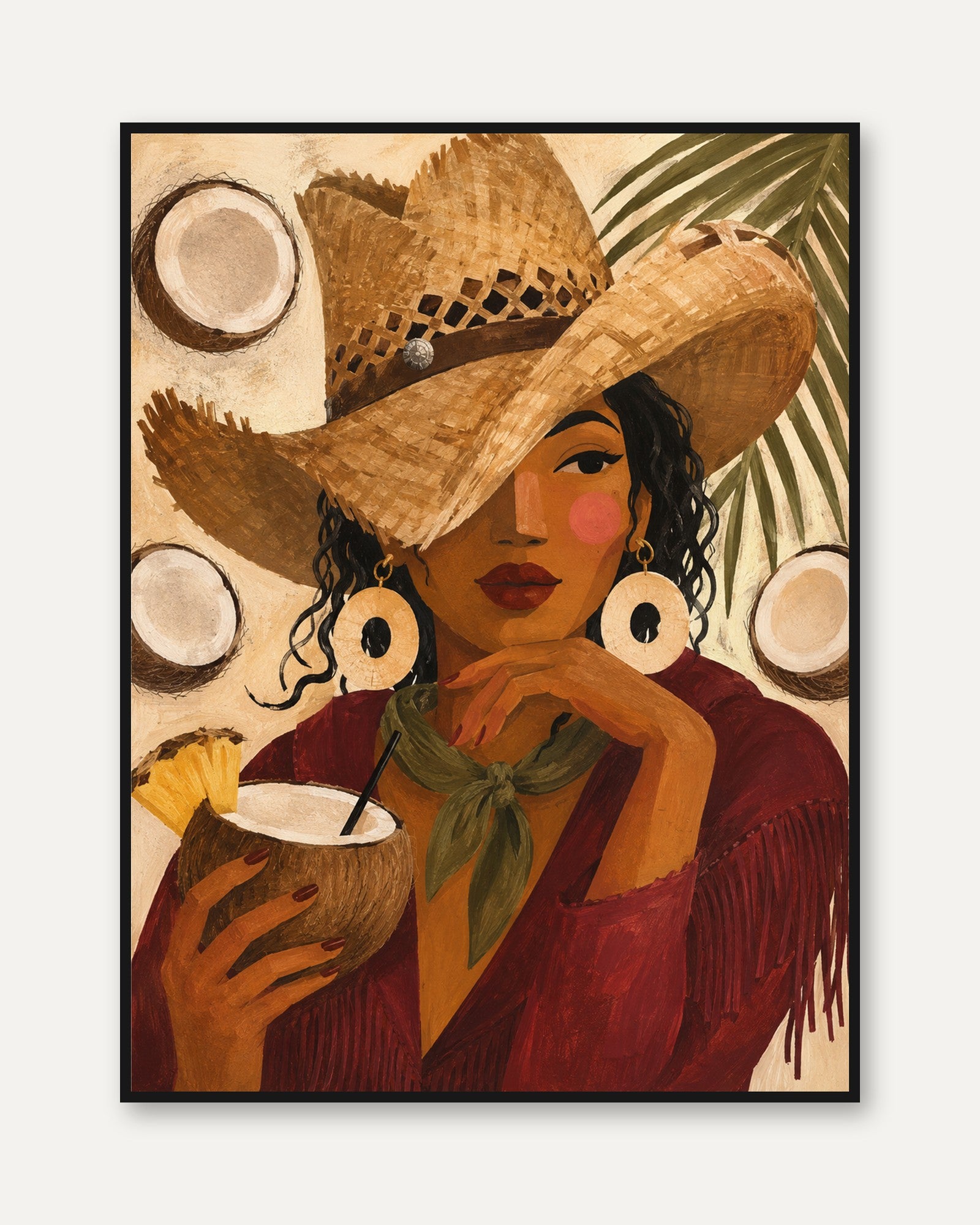 Tropical Woman With Straw Hat Art Print: Warm Boho Portrait - framed