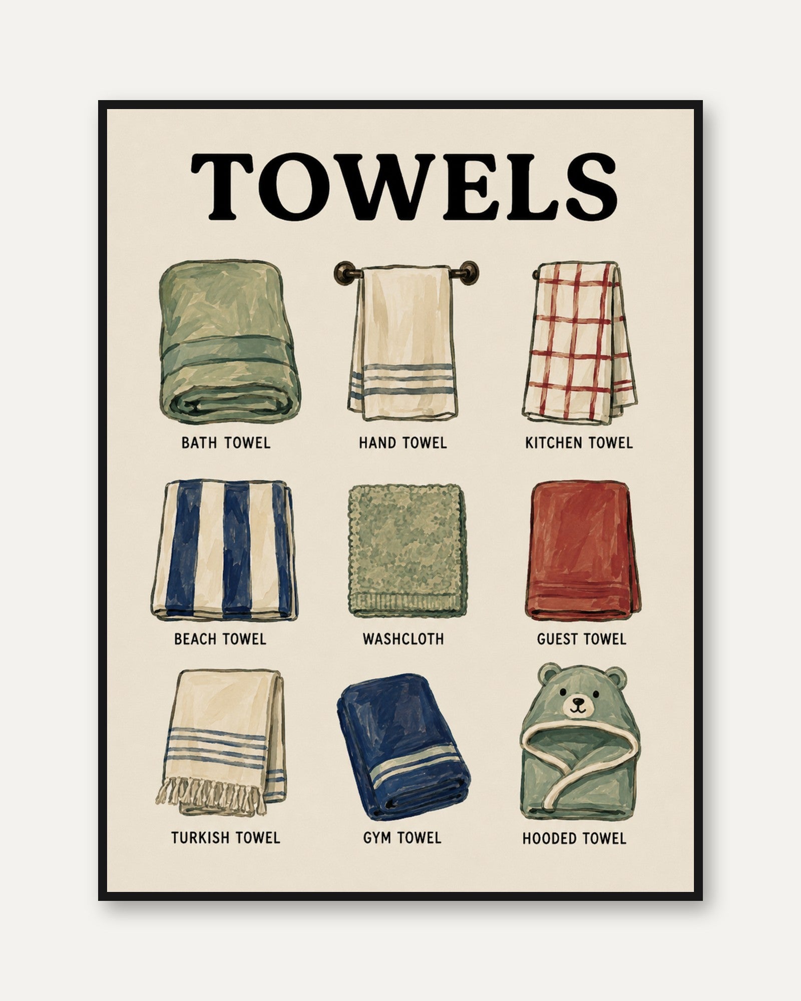 Towels Types Guide Print: Vintage Illustration Wall Art - framed
