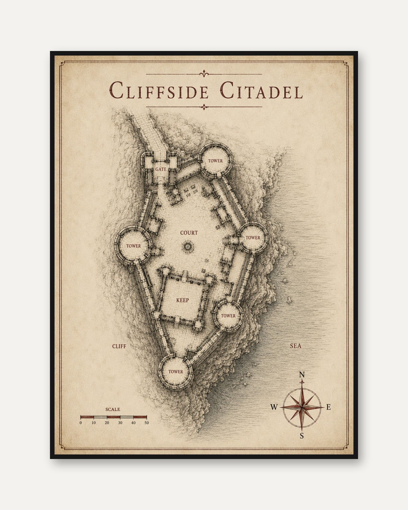 Cliffside Citadel Map Print: Medieval Fantasy Castle Blueprint - framed