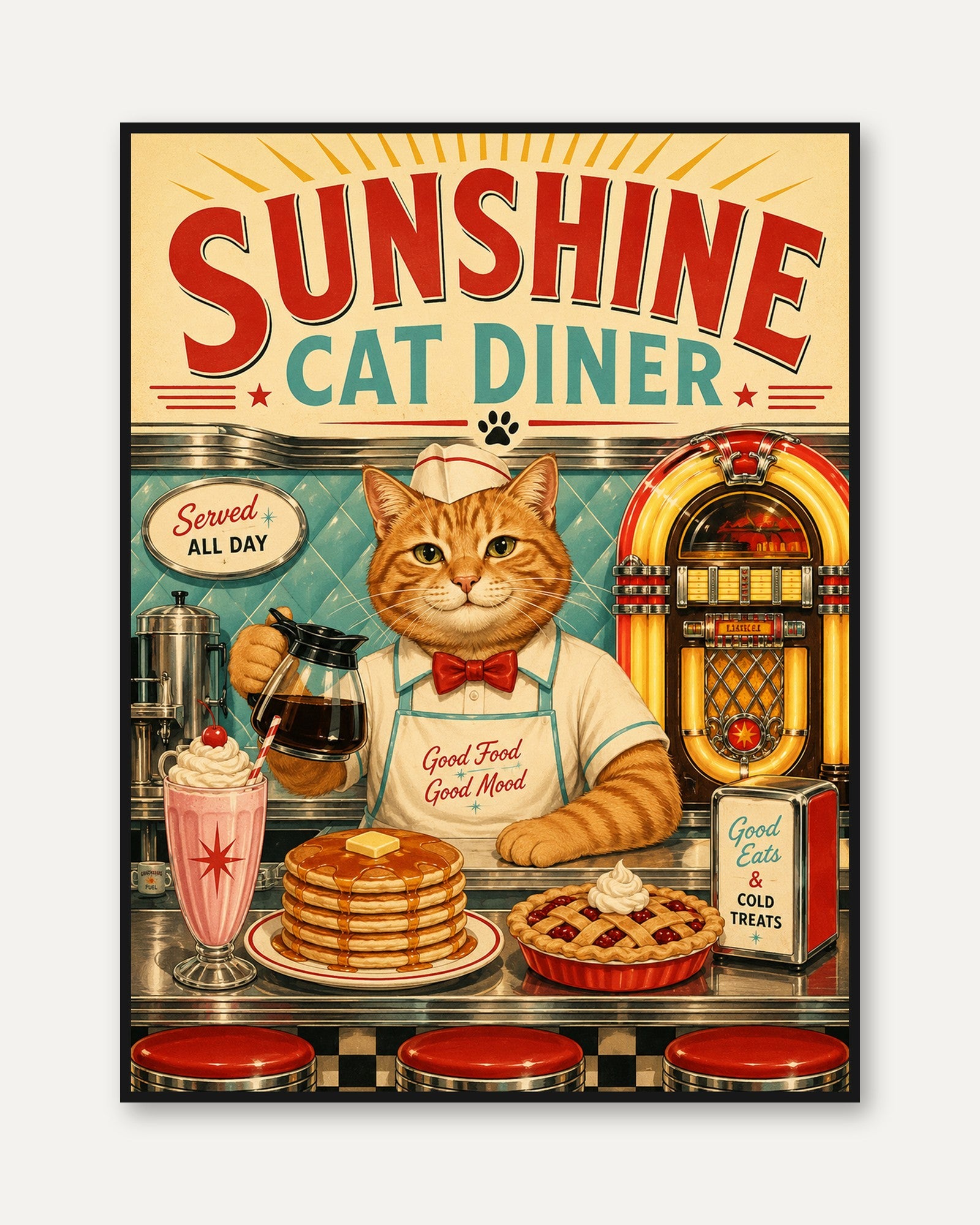 Retro Cat Diner Poster – Vintage Kitchen Wall Art - framed