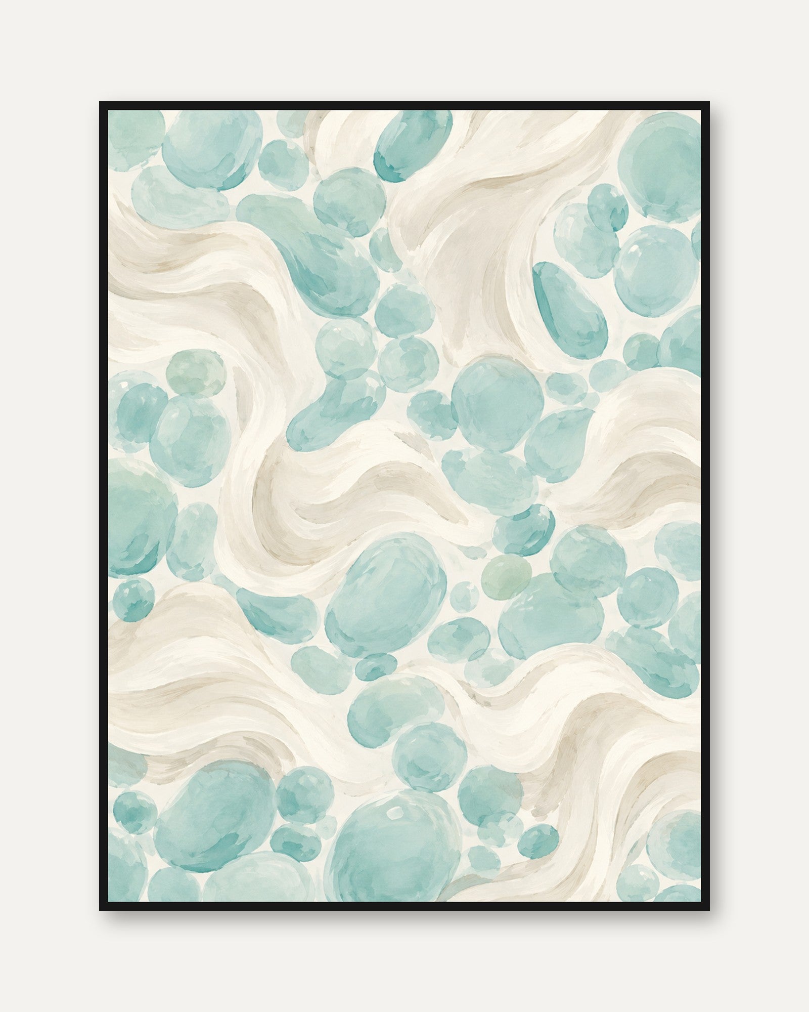 Aqua Watercolor Bubbles Art Print: Abstract Flow Design - framed