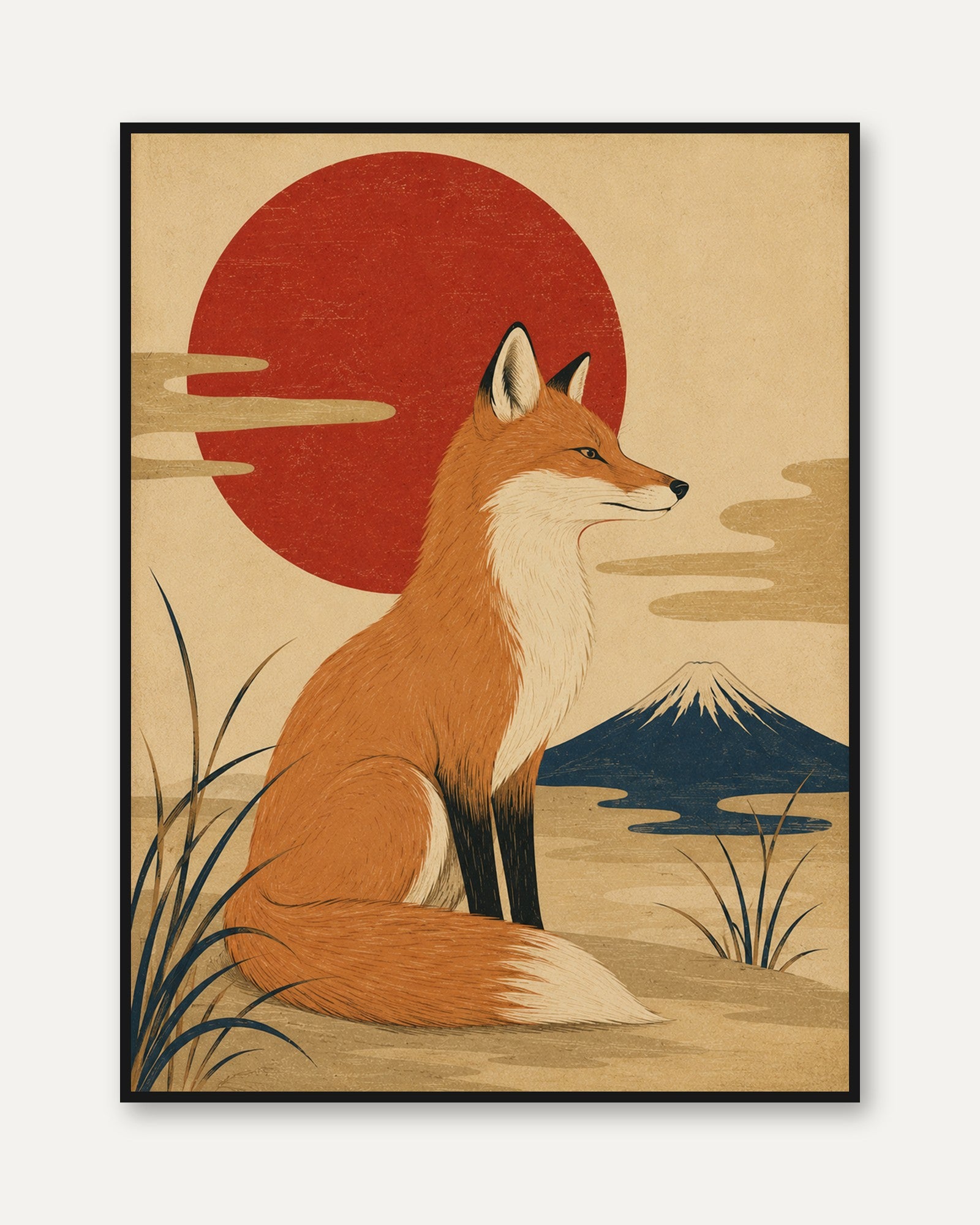Japanese Fox Art Print: Vintage Kitsune with Mount Fuji - framed