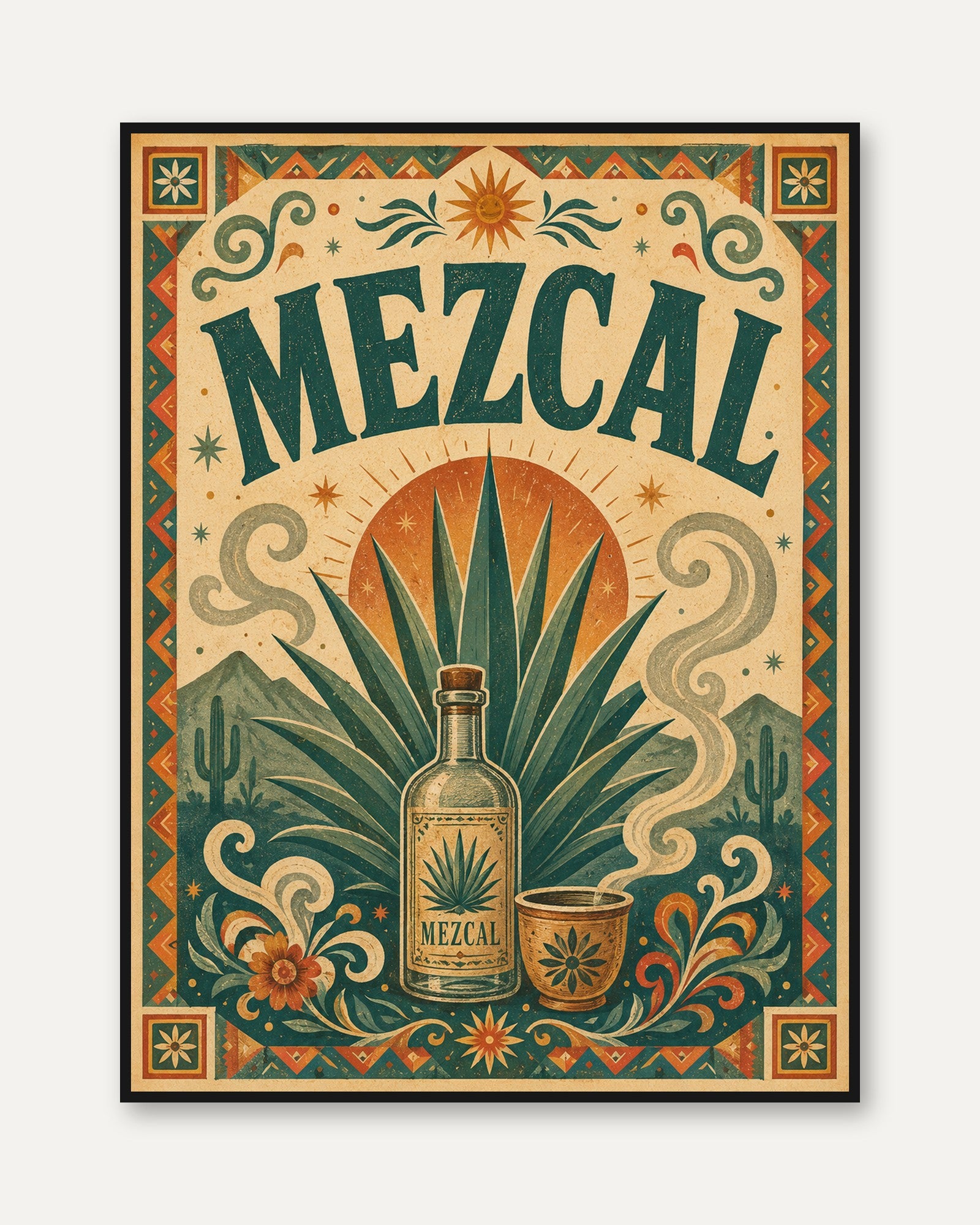 Mezcal Wall Art Print: Retro Mexican Folk Design - framed