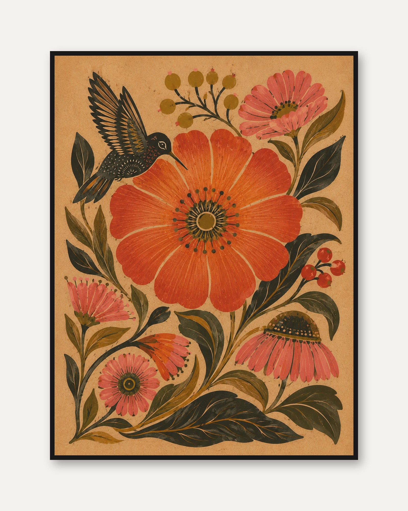 Vintage Hummingbird Floral Print — Folk Art Botanical Illustration - framed