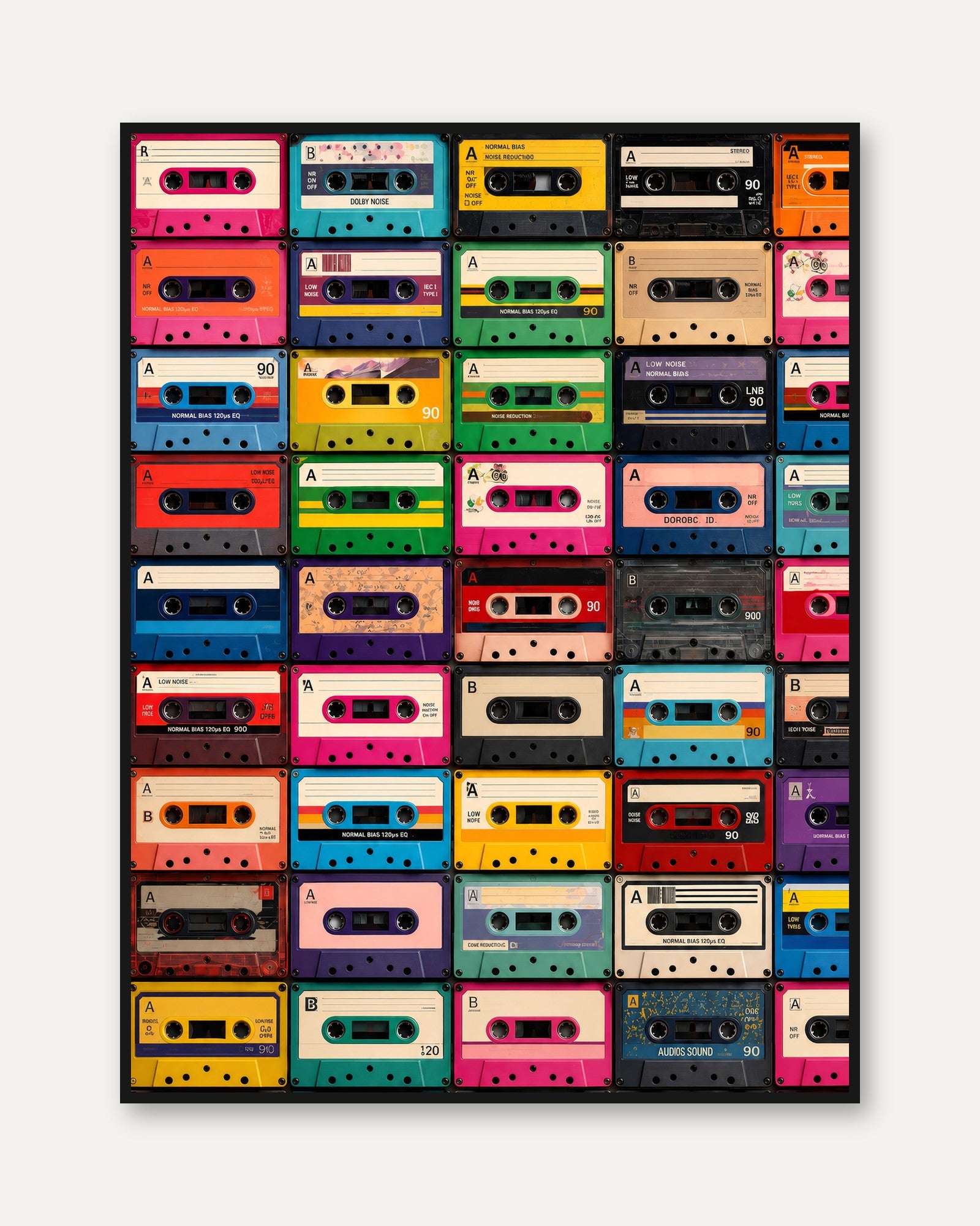 Retro Cassette Tape Print: Colorful 80s 90s Music Wall Art - framed