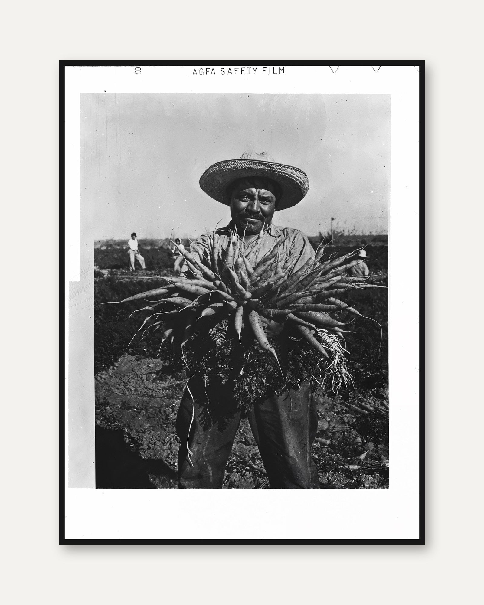 Vintage Farmer Carrots Print: Black and White Rustic Kitchen Art - framed