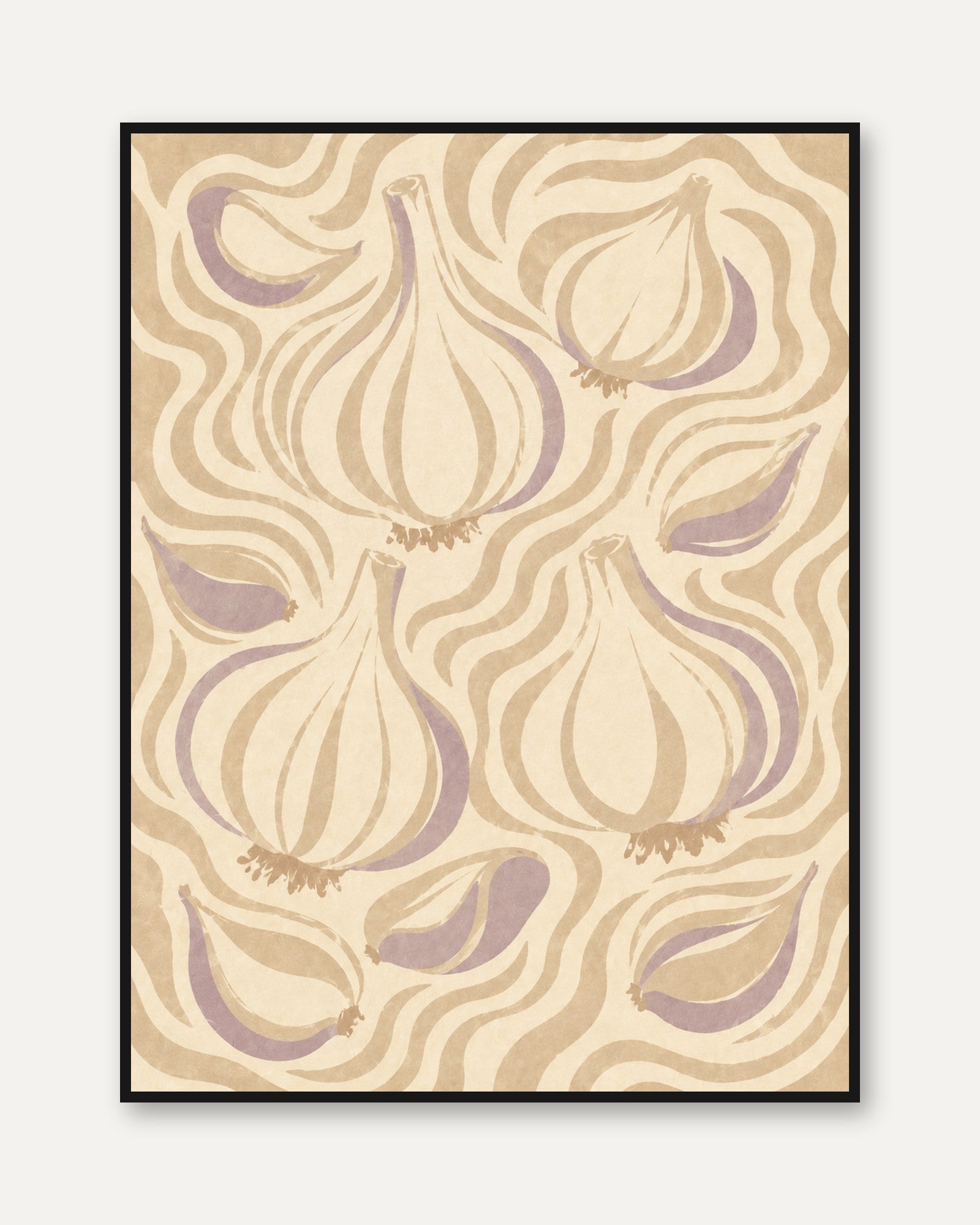 Art Nouveau Garlic Bulbs Print: Flowing Beige Purple Design - framed