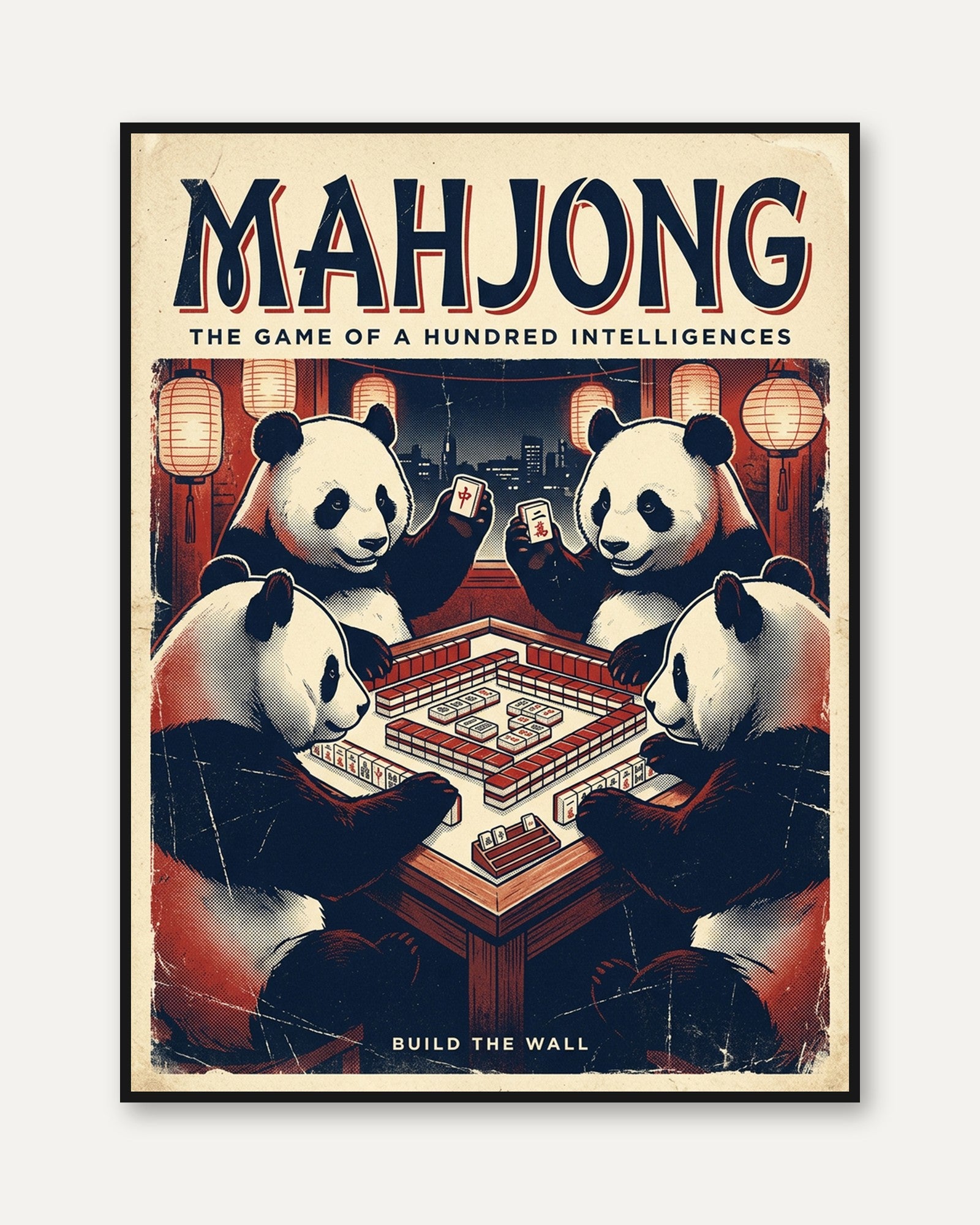 Mahjong Pandas Art Print: Vintage Chinese Game Poster - framed