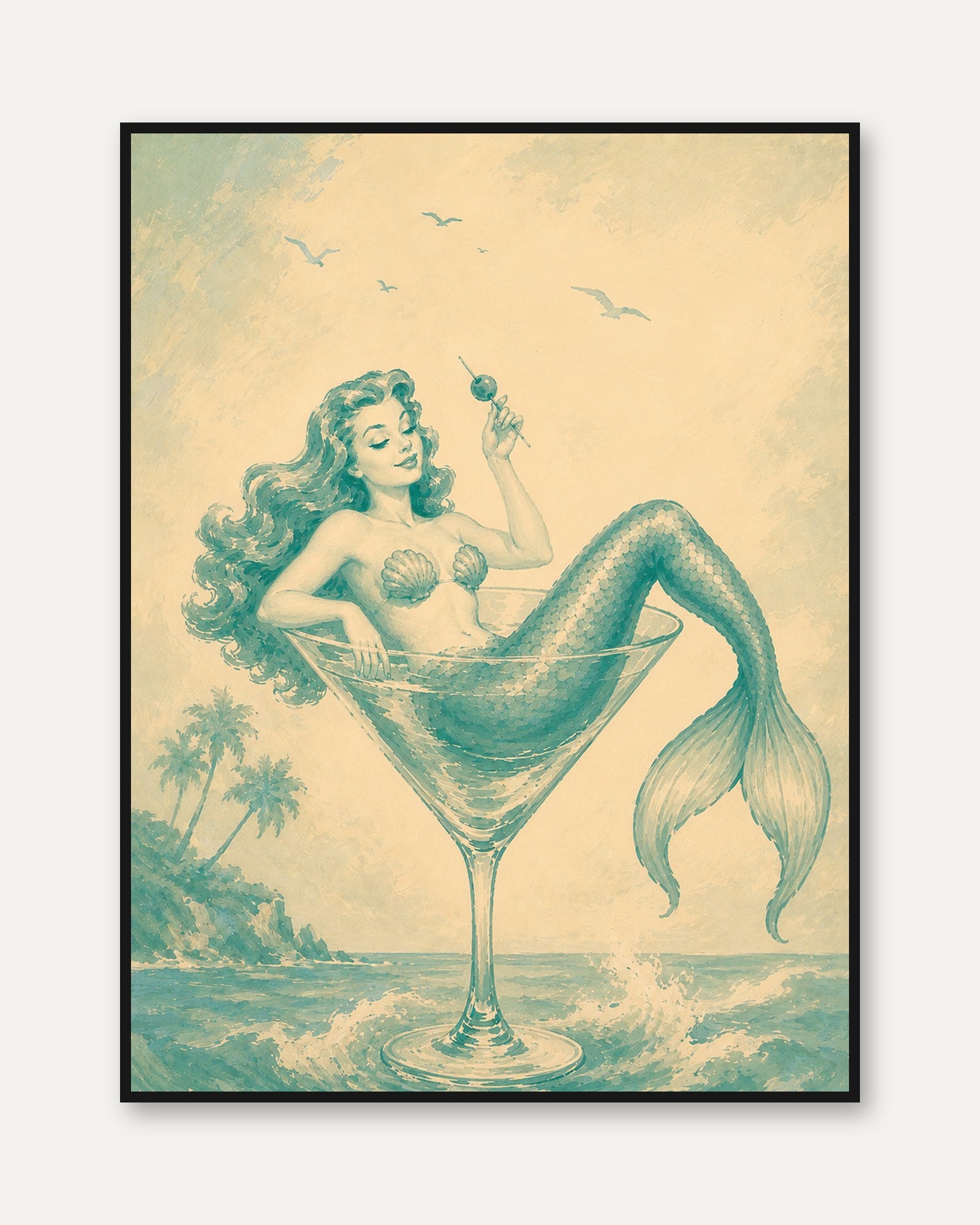 Mermaid Martini Art Print: Vintage Teal Beach Cocktail Poster - framed