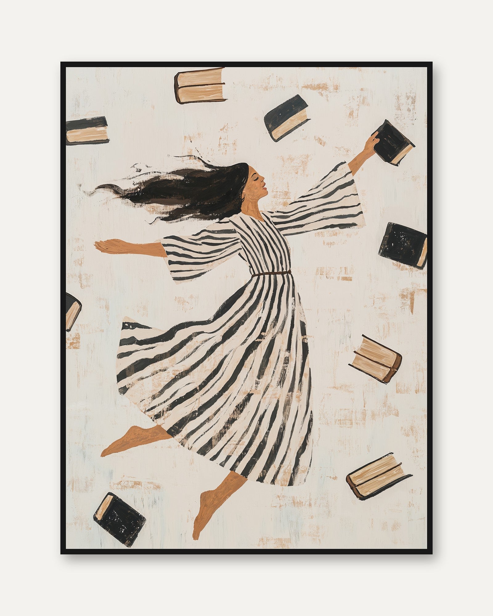 Whimsical Reading Art: Floating Books and Striped Dress (Unframed Prin - framed