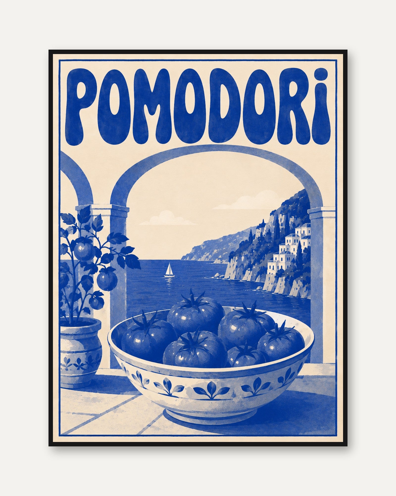 Pomodori Vintage Travel Poster: Italian Coastal Art in Blue & Cream - framed