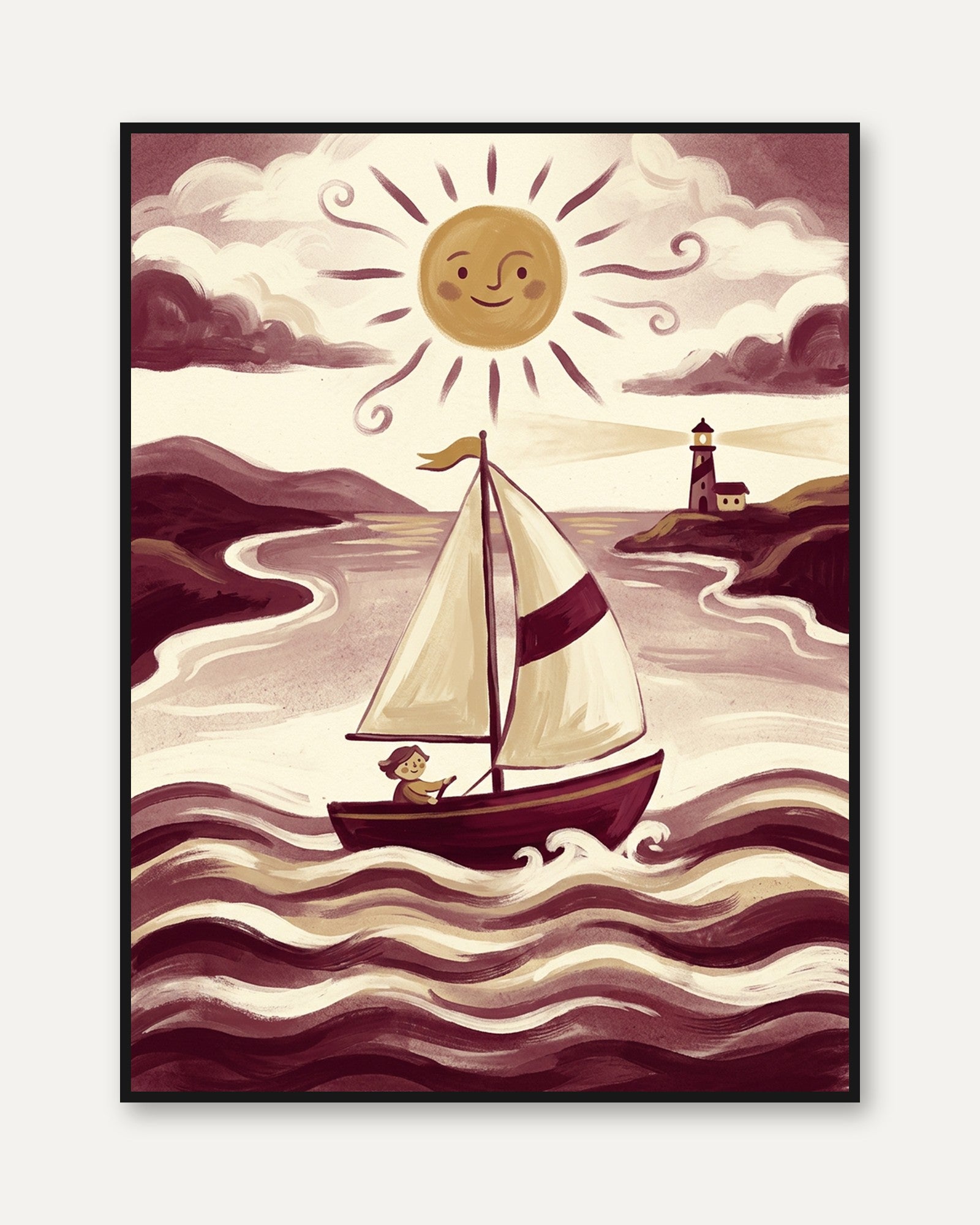 Whimsical Sailboat Art Print: Vintage Nautical Lighthouse Scene - framed