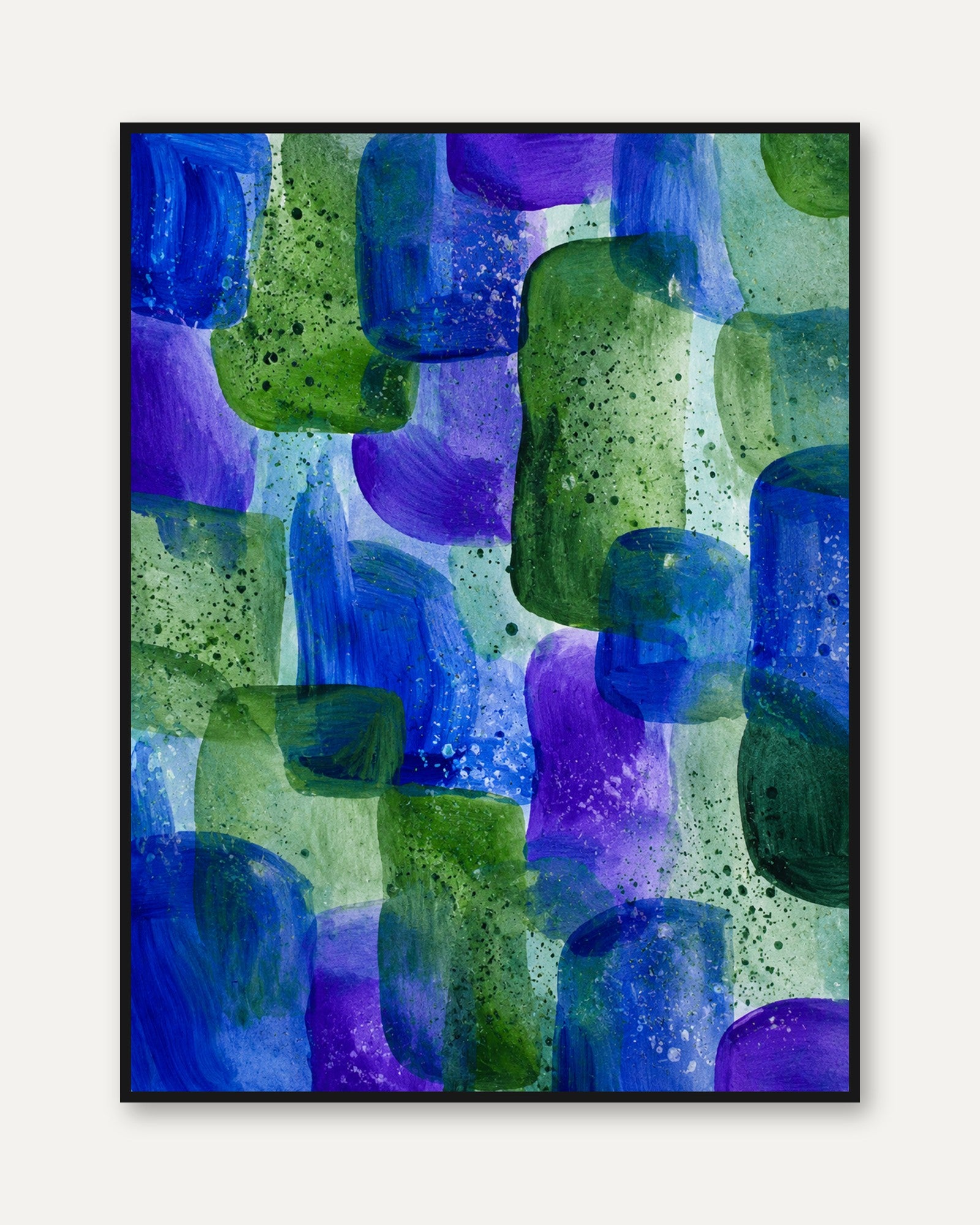 Abstract Organic Shapes Wall Art: Blue Purple Green Watercolor - framed