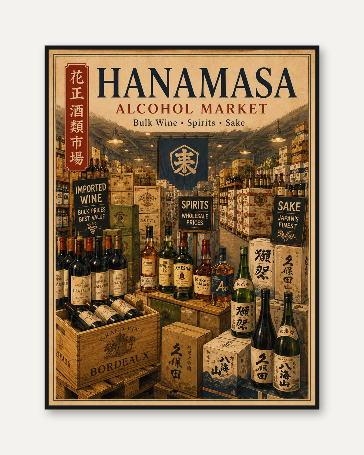 Hanamasa Alcohol Market Wall Art: Vintage Japanese Storefront - framed