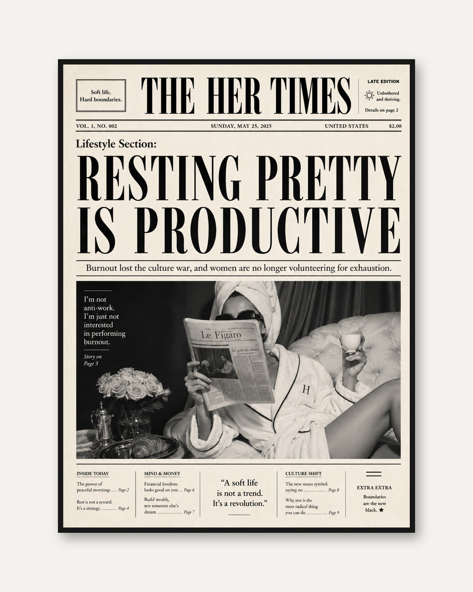 The Her Times Newspaper Print: Black and White Lifestyle Art - framed