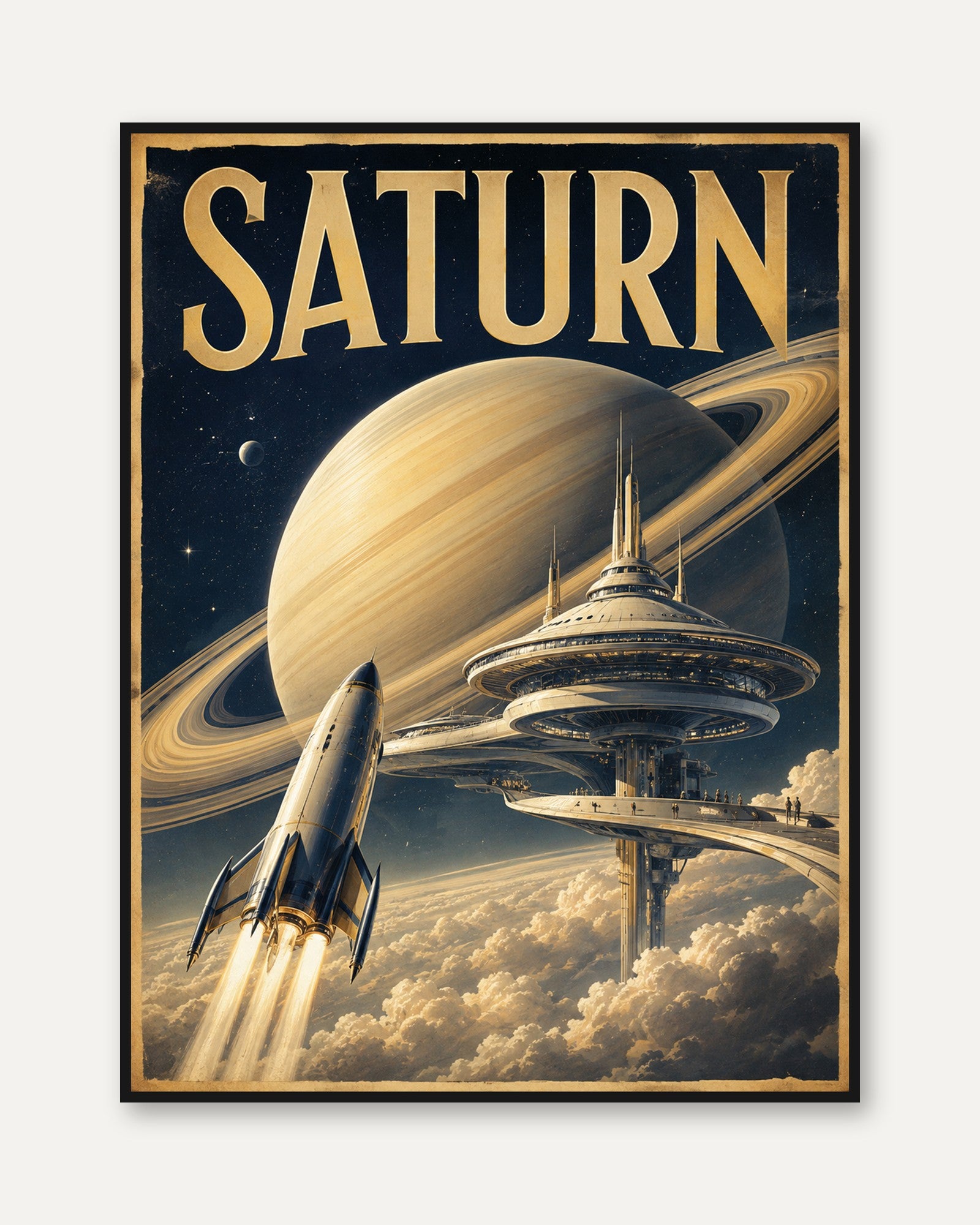 Retro Space Poster – Saturn Travel Print - framed