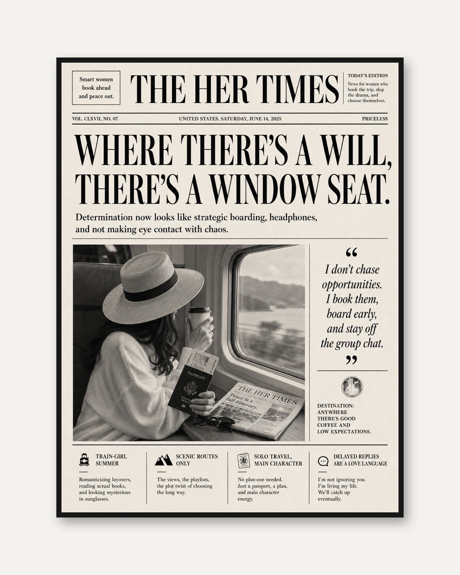 The Her Times Newspaper Art Print: Vintage Travel Poster Design - framed