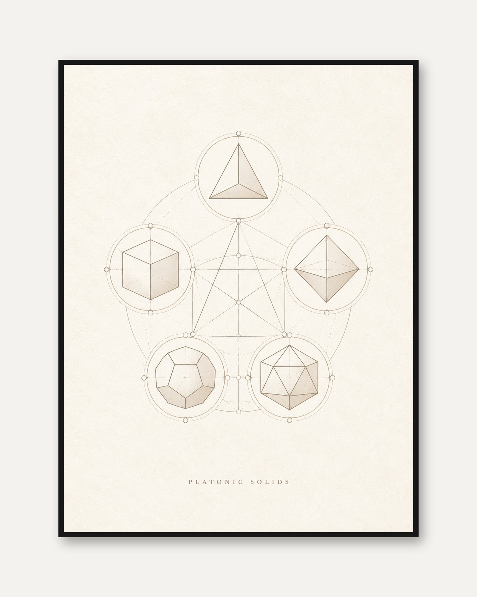 Sacred Geometry Art: Platonic Solids Design (Gold on Cream Background) - framed