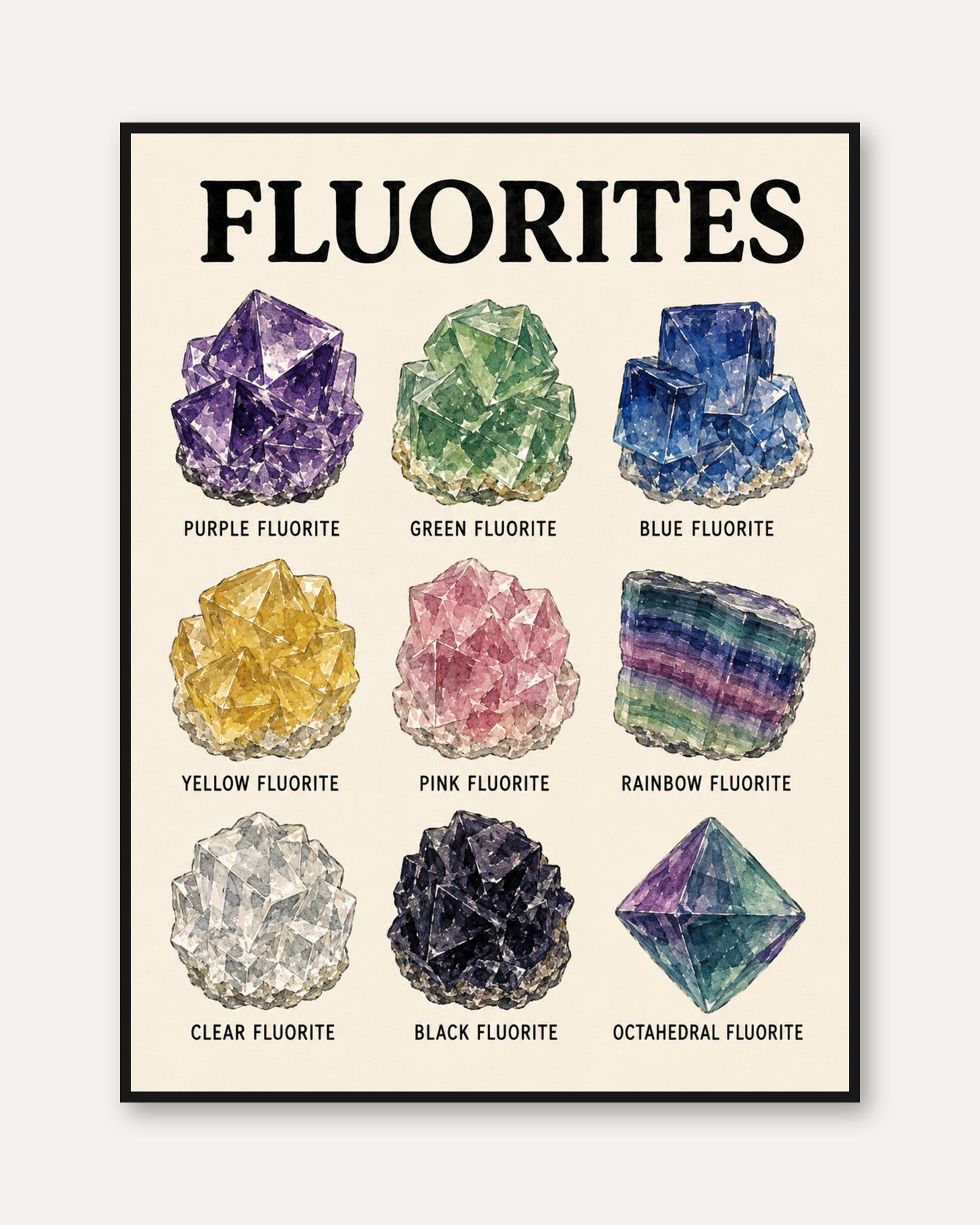 Fluorite Crystal Collection Print: Watercolor Mineral Specimens - framed