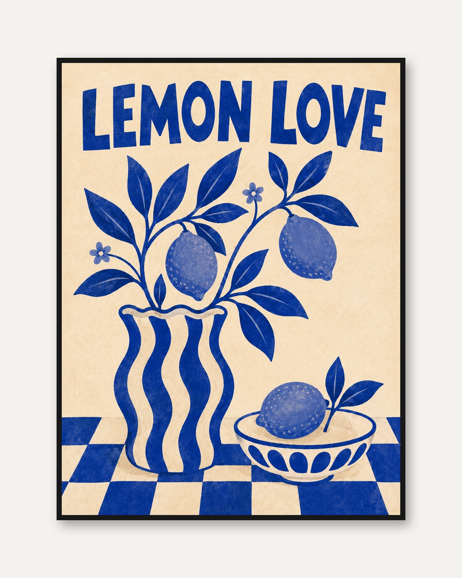 Lemon Love Print: Blue Folk Art Botanical Kitchen Poster - framed