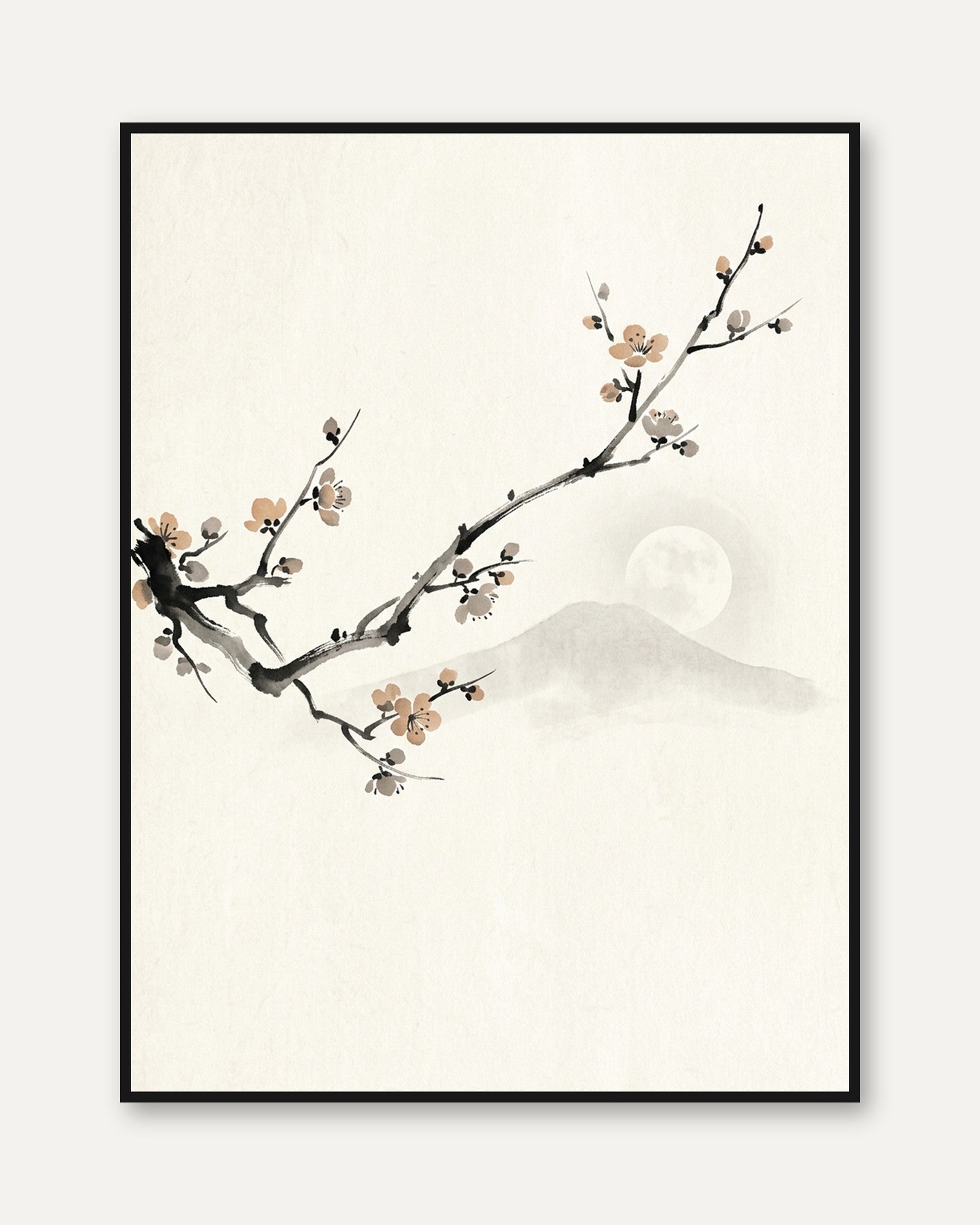 Cherry Blossom Branch Art Print: Japanese Ink Wash Painting - framed