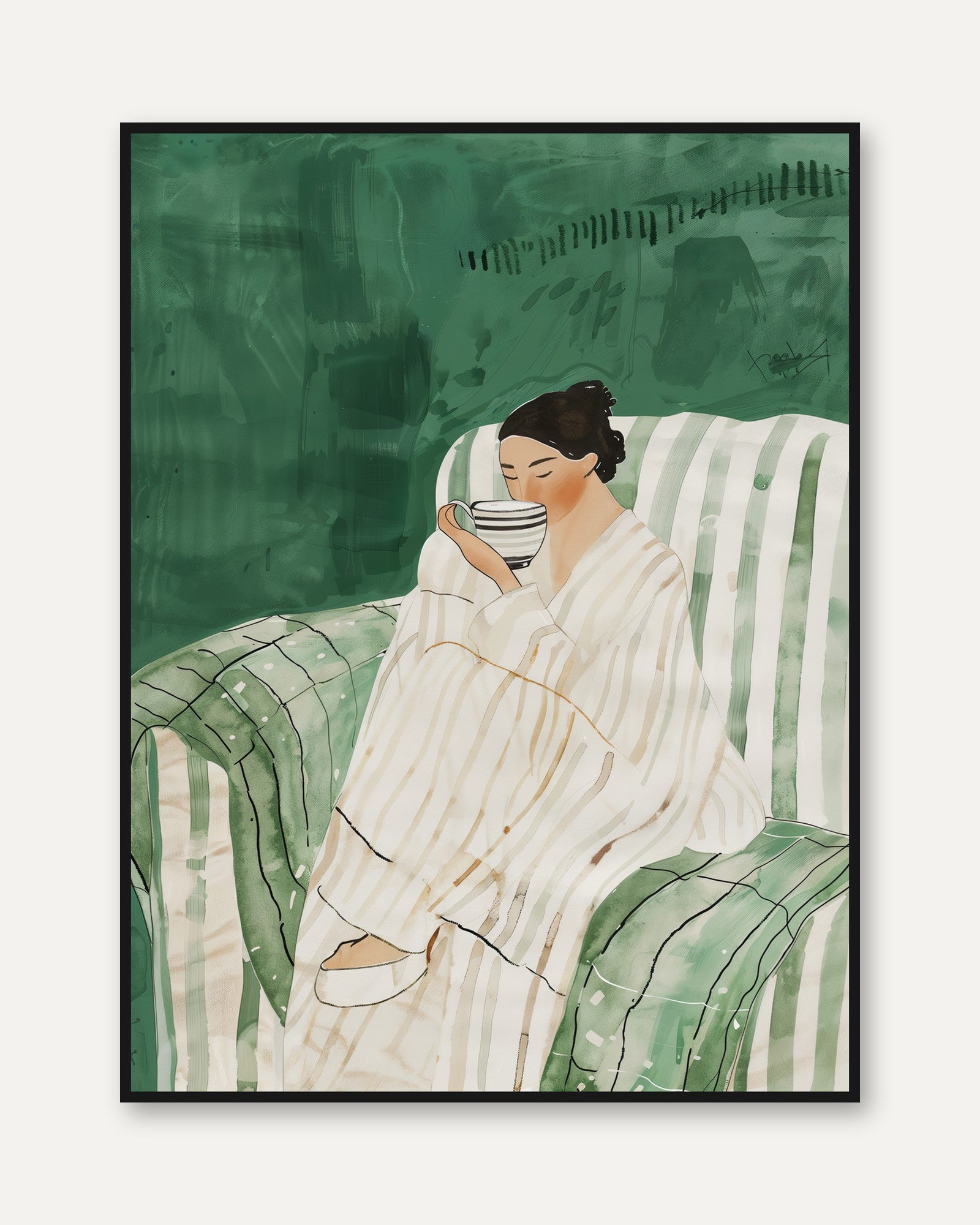 Botanical Wall Art: Calm Bedroom Decor (Woman Drinking Tea Print) - framed