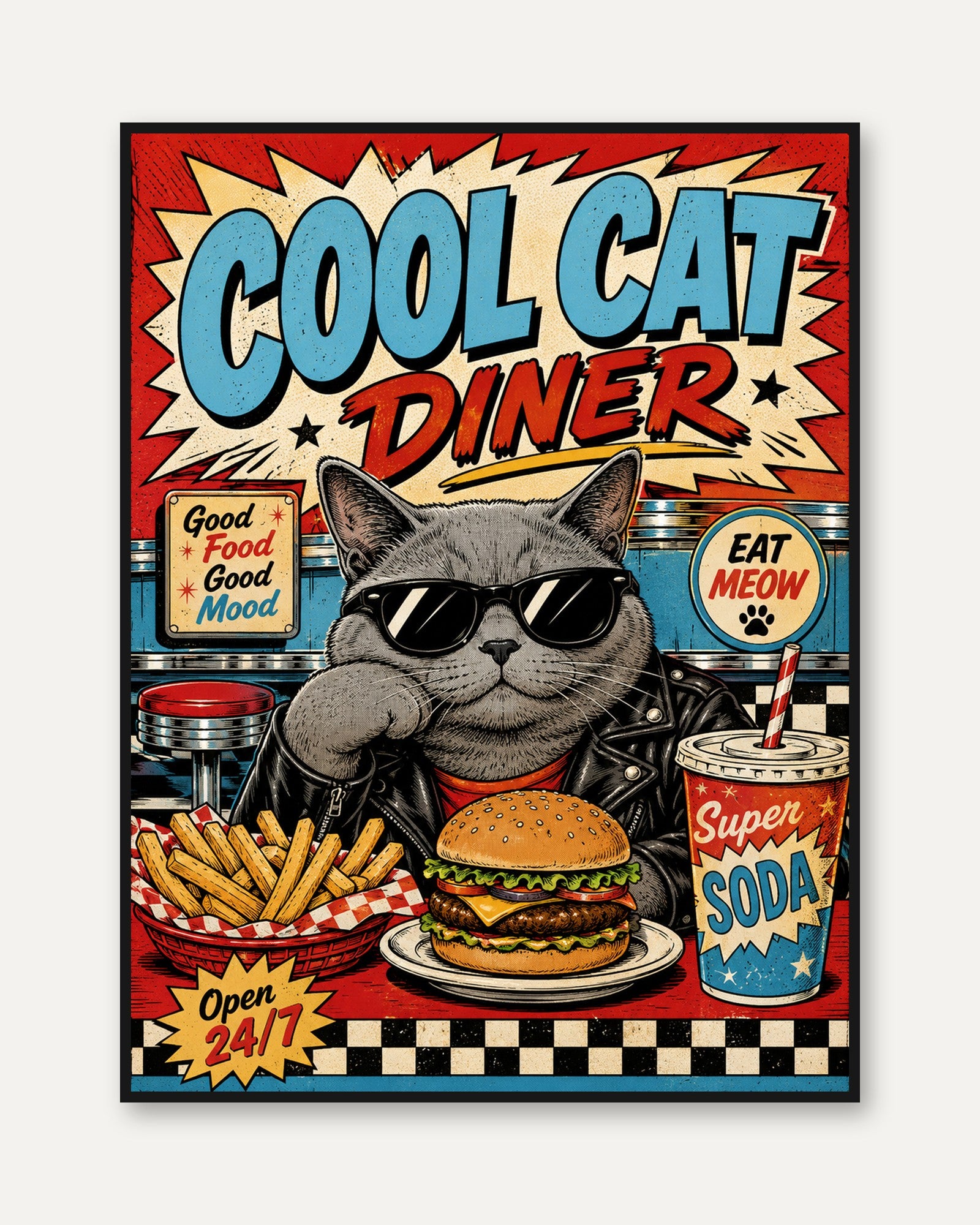 Retro Diner Wall Art – Cat Print - framed