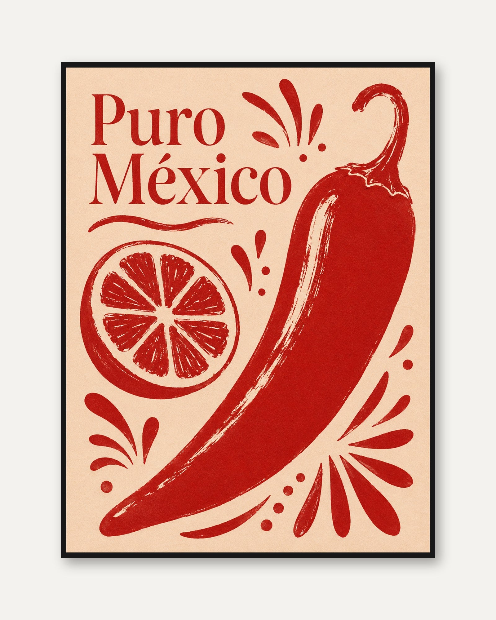 Puro Mexico Chili Pepper Print: Retro Red Kitchen Wall Art - framed