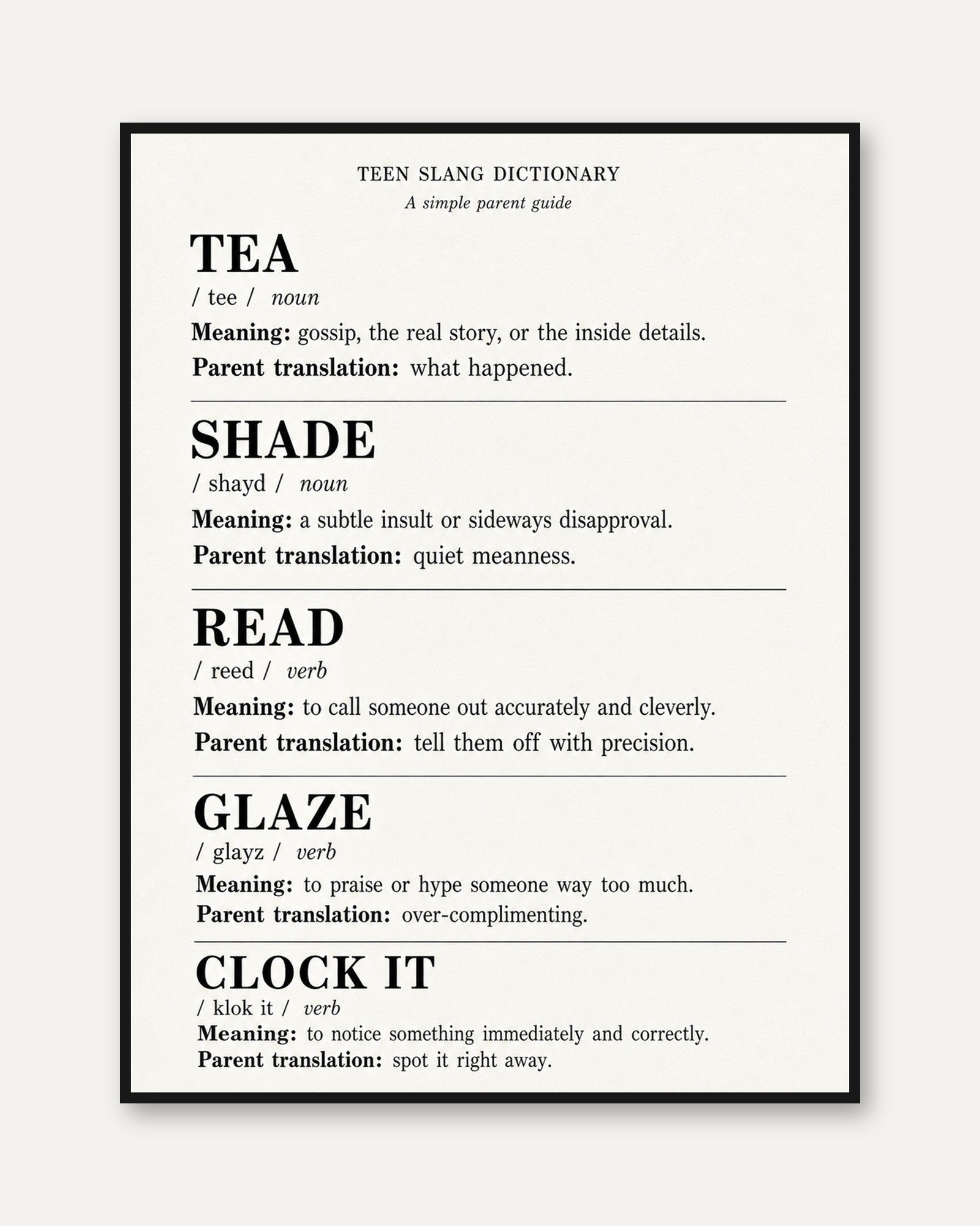 Teen Slang Dictionary Wall Art - framed