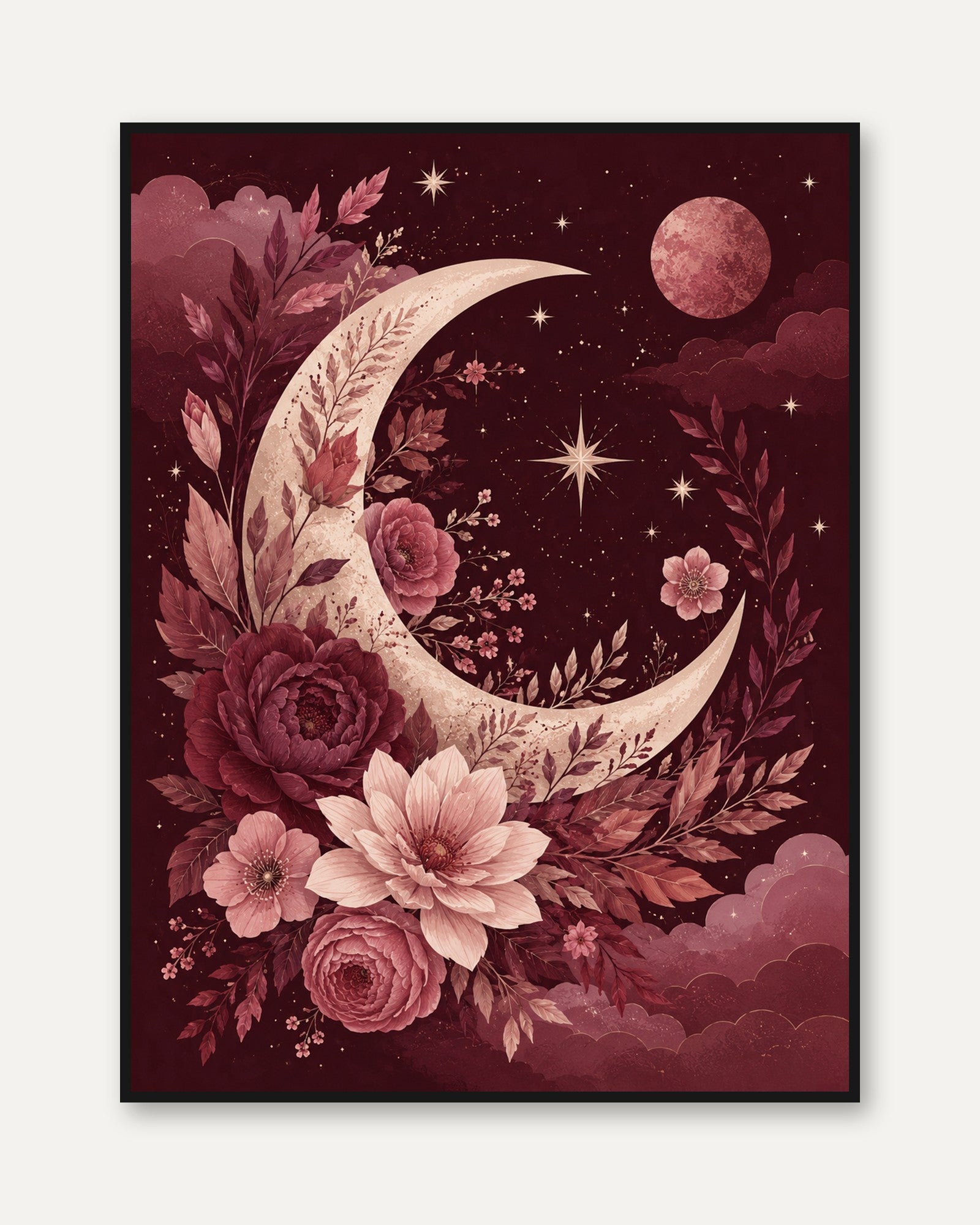Burgundy Moon and Roses Art Print: Celestial Floral Wall Art - framed