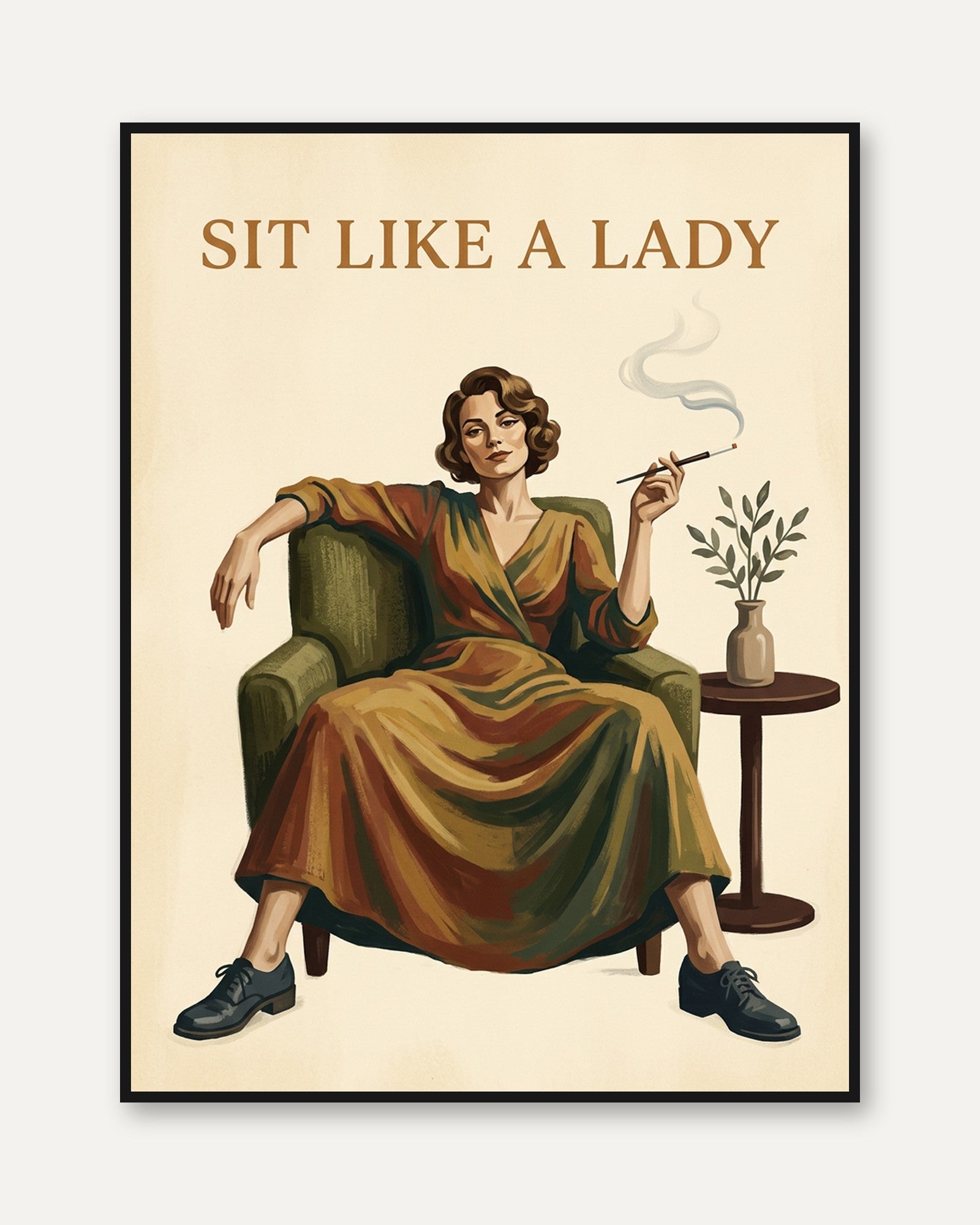 Sit Like a Lady Poster: Vintage Retro Woman with Cigarette Art - framed