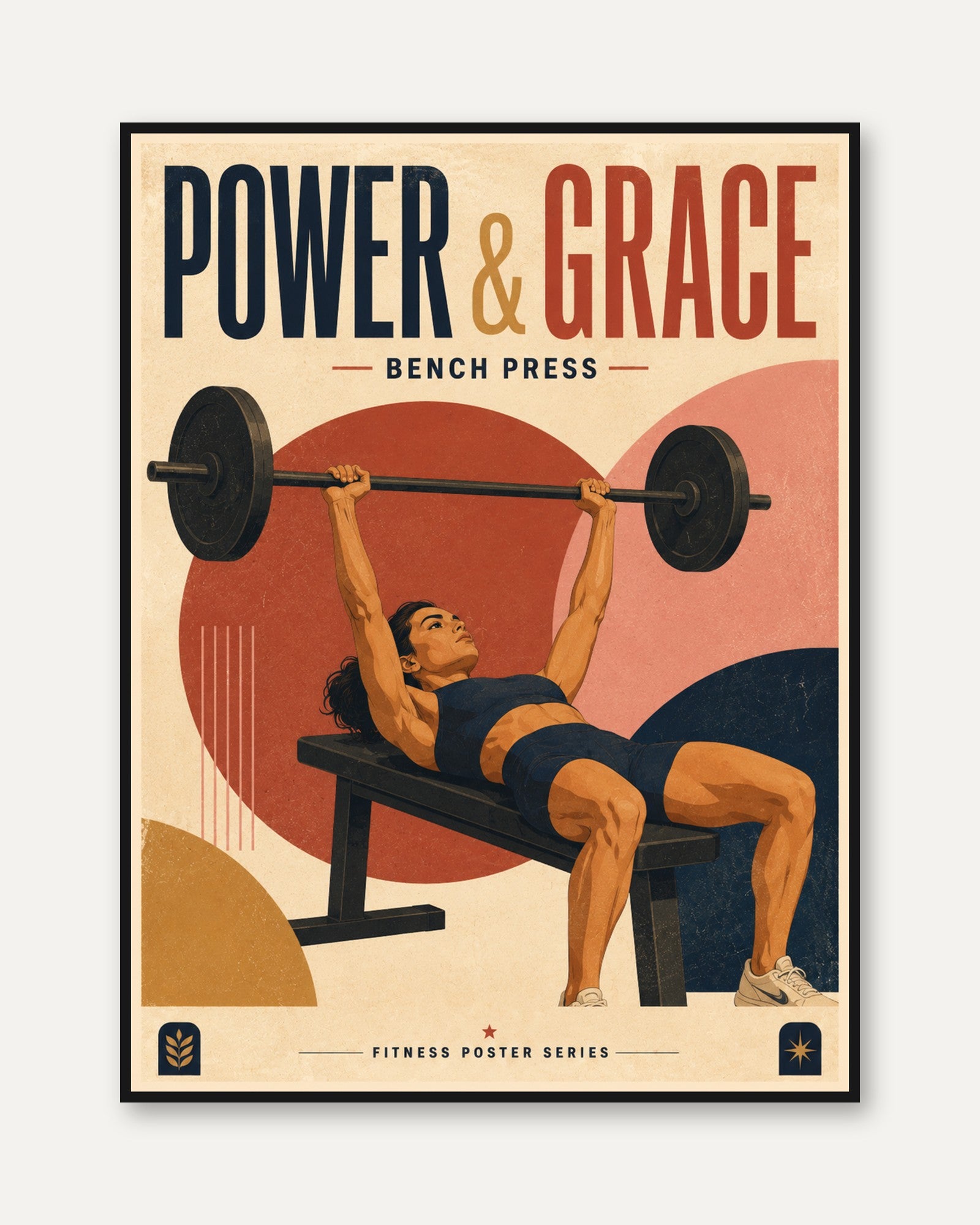 Power and Grace Bench Press Poster: Retro Fitness Art Print - framed