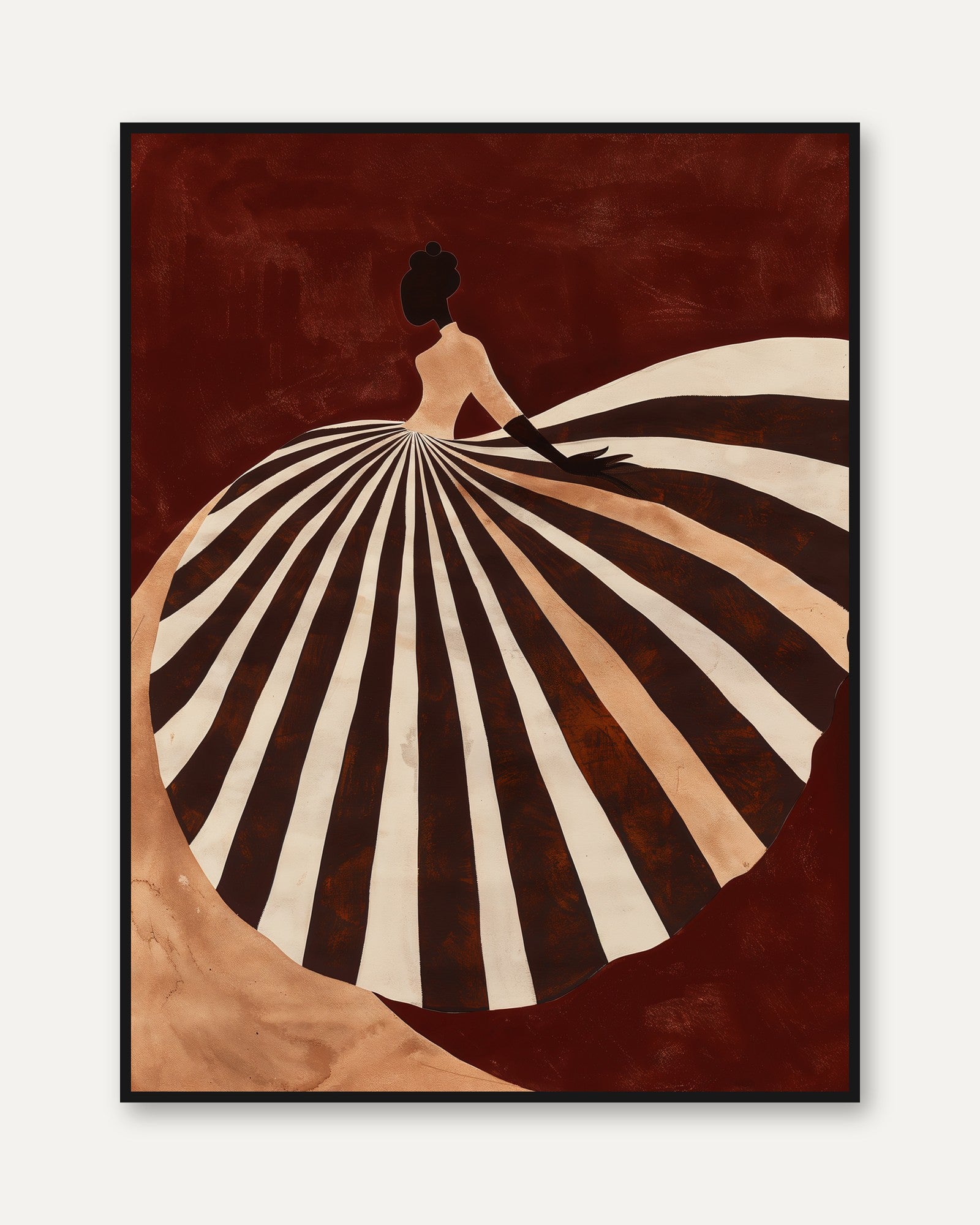 Striped Gown Art Print: Art Deco Woman in Brown and Cream - framed