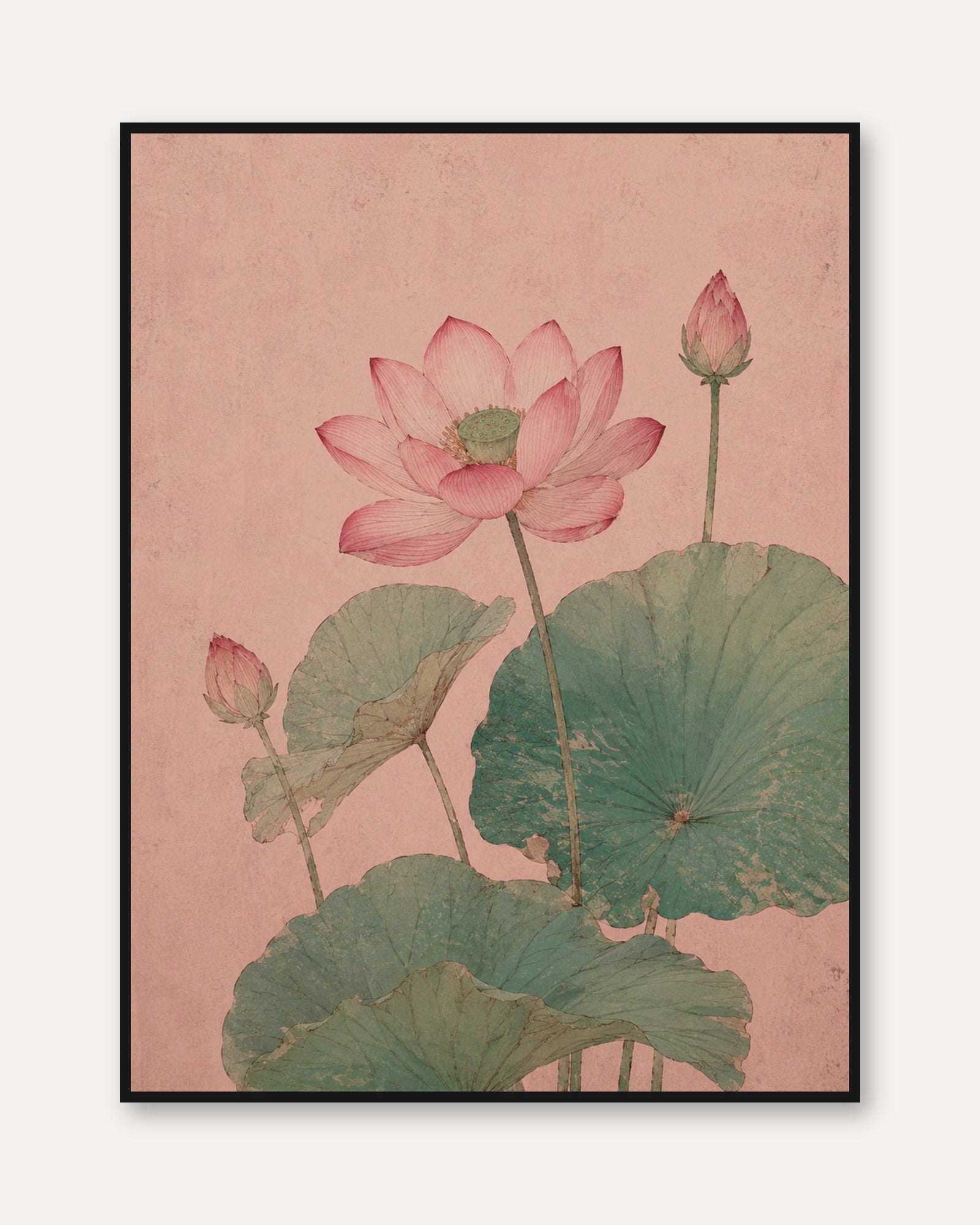 Lotus Flower Botanical Print — Vintage East Asian Watercolor - framed