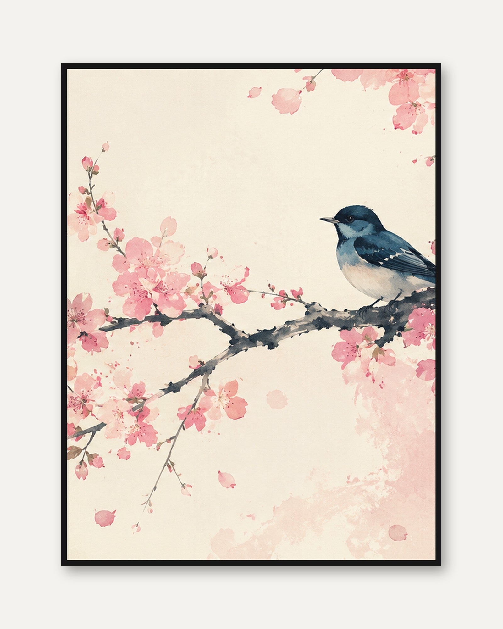 Blue Bird on Cherry Blossom Branch: Watercolor Art Print - framed