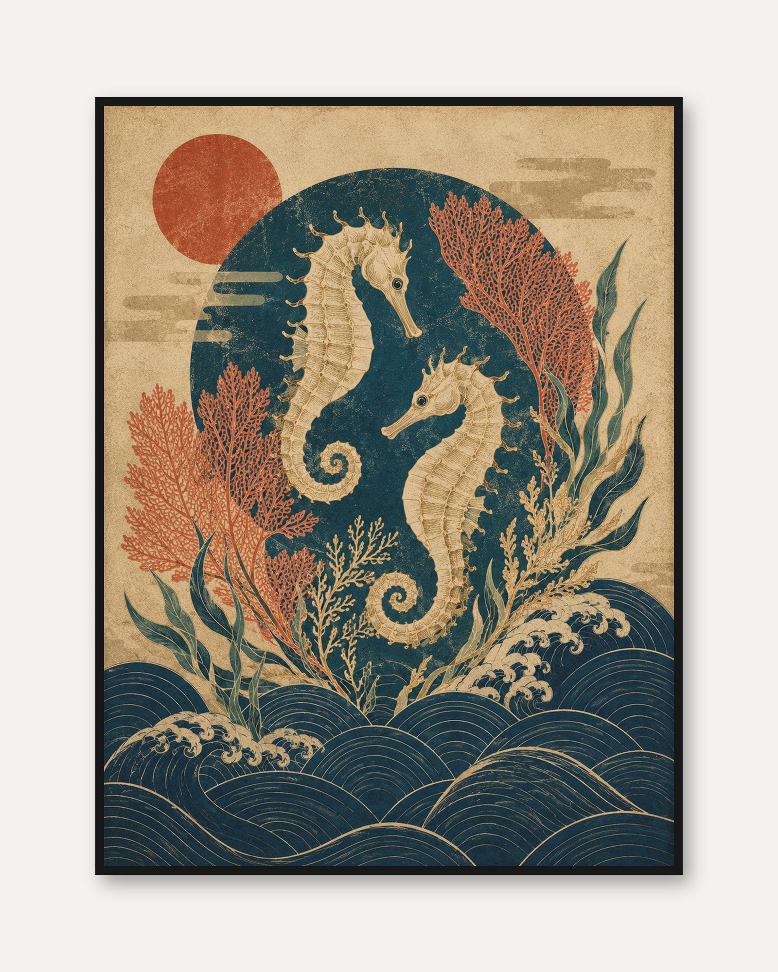 Japanese Seahorse Art Print: Vintage Ocean Illustration - framed