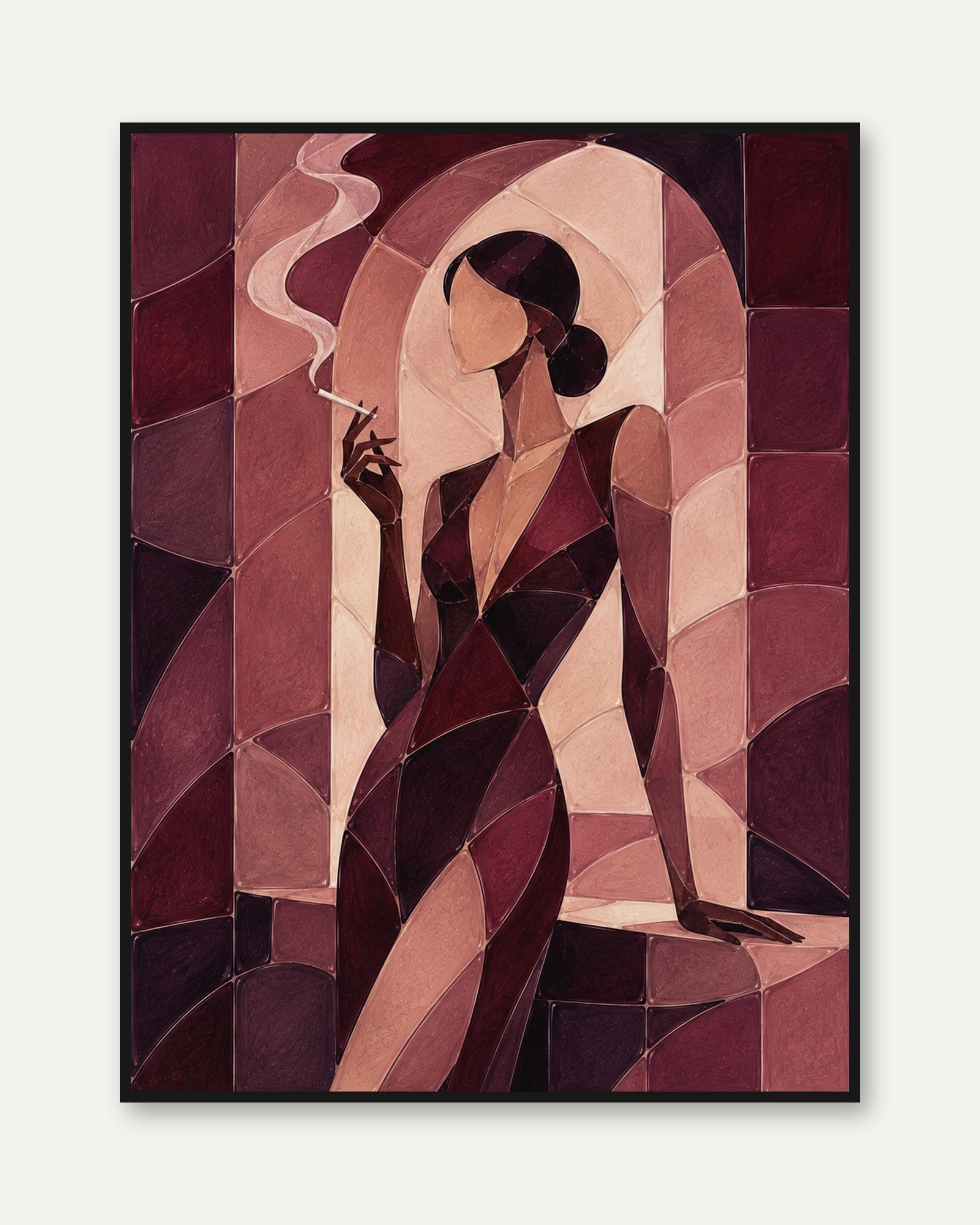 Art Deco Woman With Cigarette: Geometric Burgundy Wall Art - framed