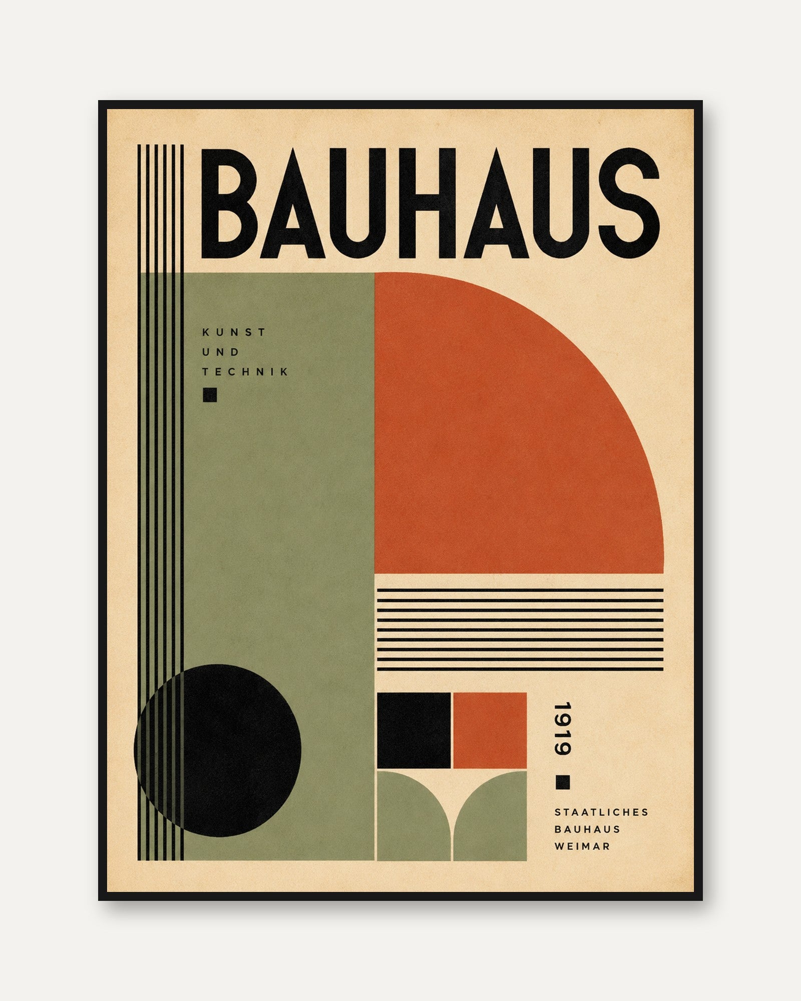 Bauhaus Geometric Poster: Modernist Design with Red and Sage Green - framed