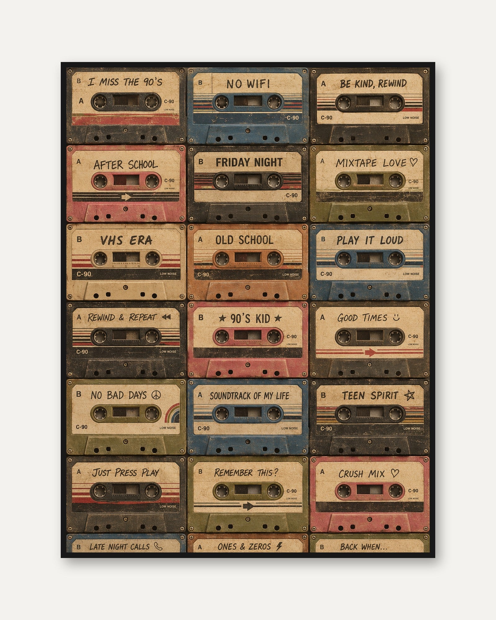 Retro Cassette Tape Print: 90s Nostalgia Music Wall Art - framed