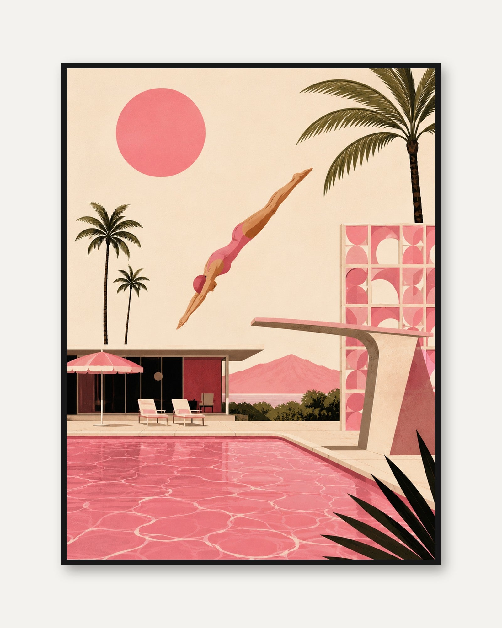 Pink Palm Springs Pool Diver: Mid-Century Modern Art Print - framed