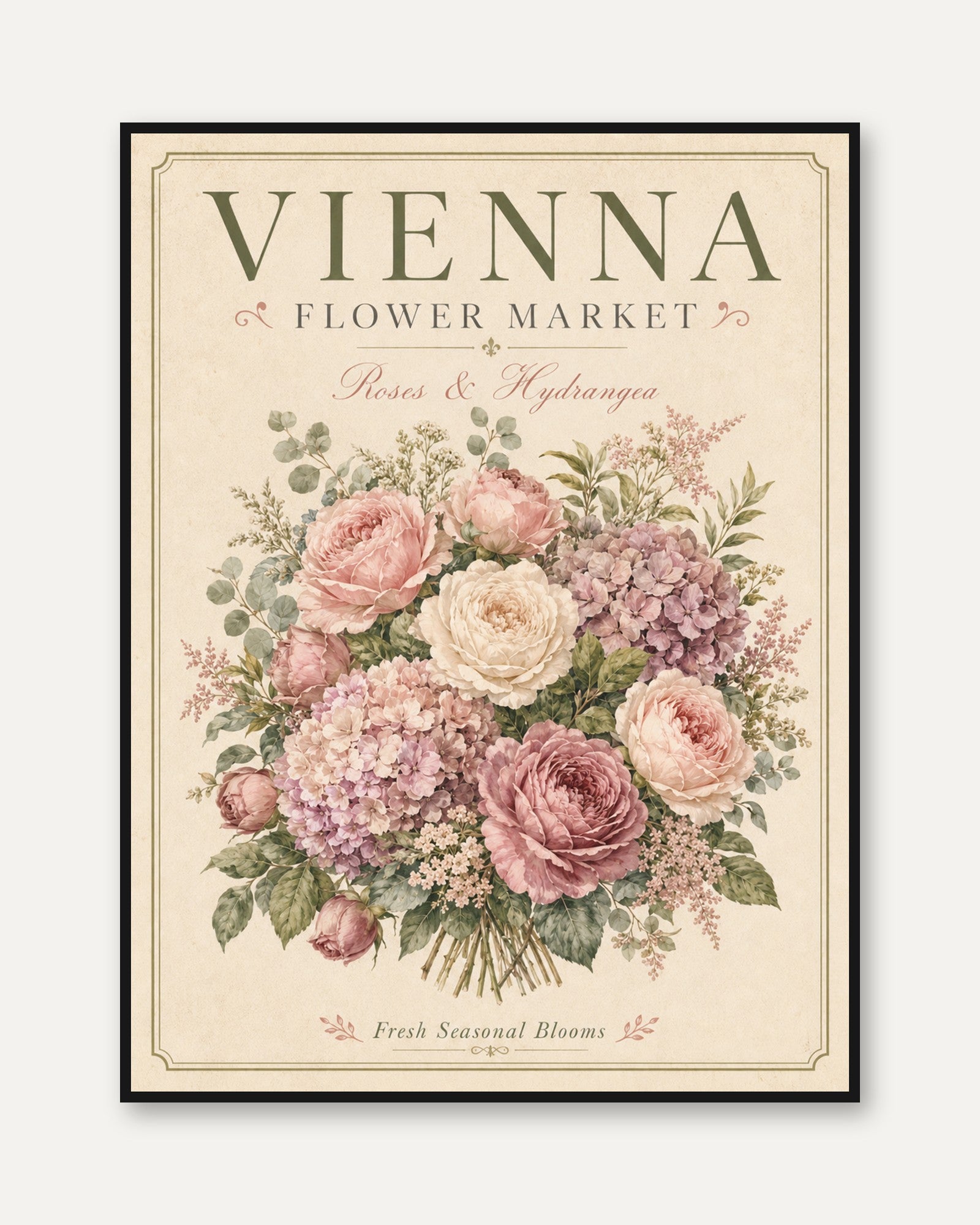 Vienna Flower Market Print — Vintage Botanical Rose & Hydrangea - framed
