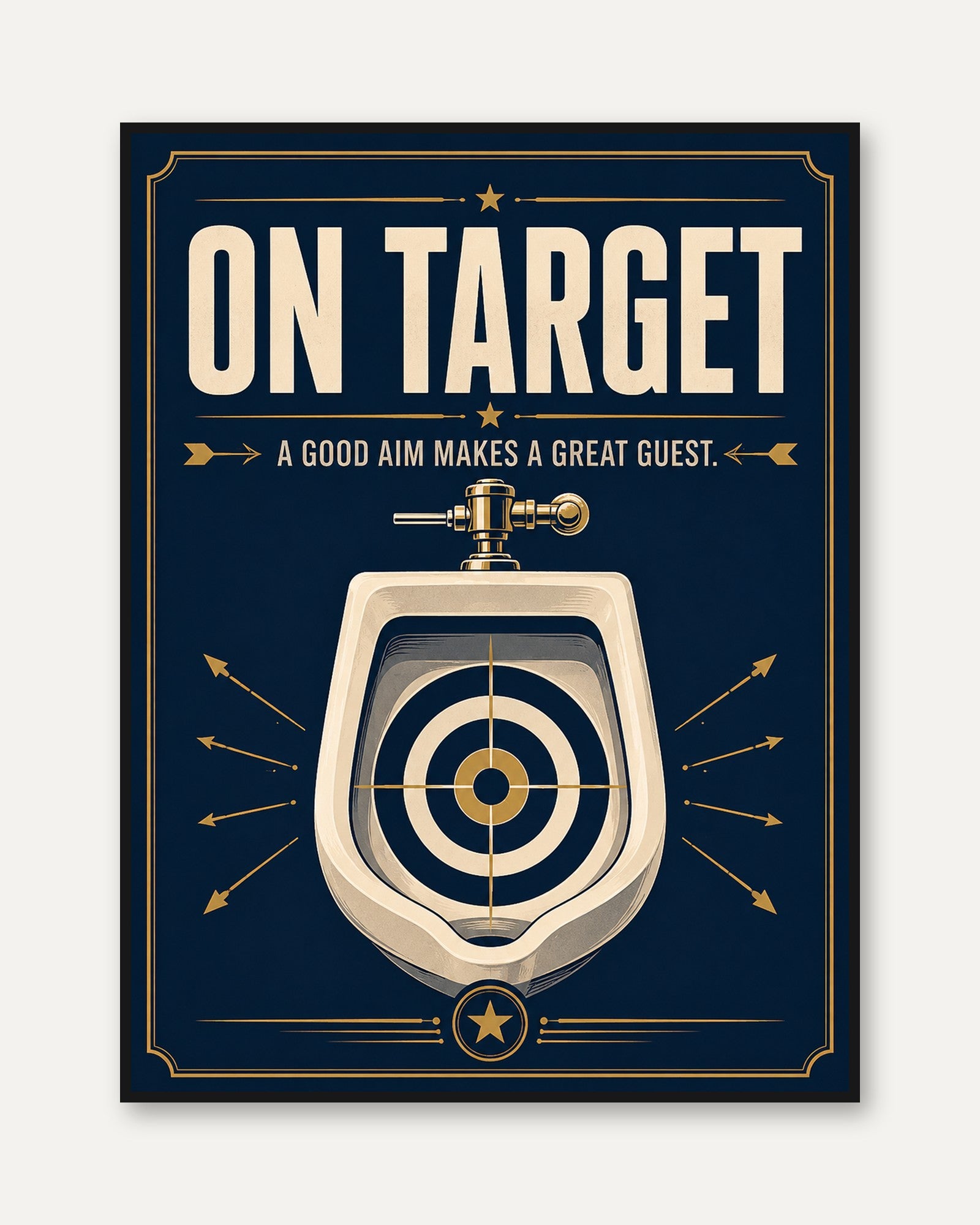 On Target Bathroom Humor Poster: Art Deco Navy and Gold Print - framed