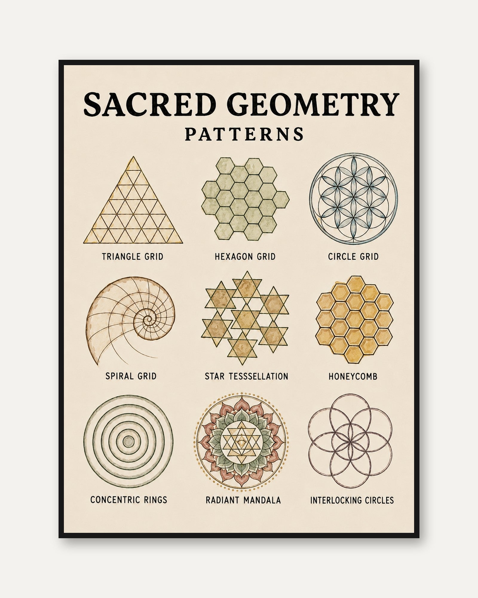Sacred Geometry Art Print — Educational Chart - framed