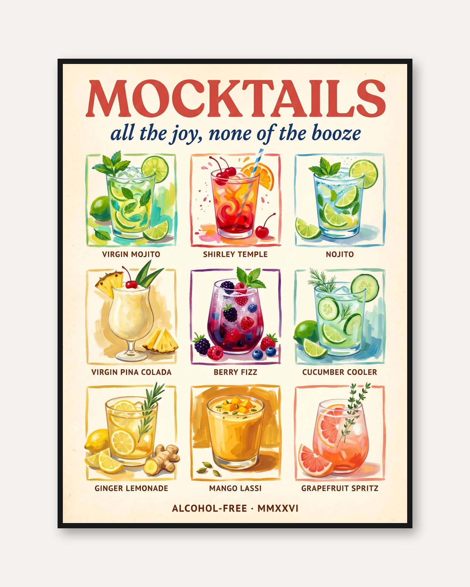 Mocktails Art Print: Retro Bar Decor (Non-Alcoholic Drinks) - framed